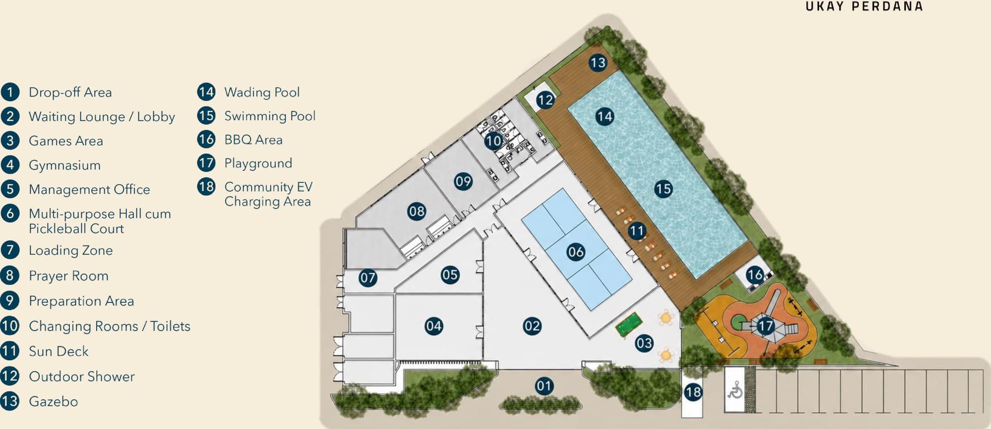 Ukay Spring clubhouse plan: the drop-off area, waiting lounge and lobby, games area, gymnasium, management office, multi-purpose hall cum pickleball court, loading zone, prayer room, preparation area, changing rooms, sun deck, outdoor shower, gazebo, wading pool, swimming pool, BBQ area, playground and community EV charging area, numbered 1 to 18