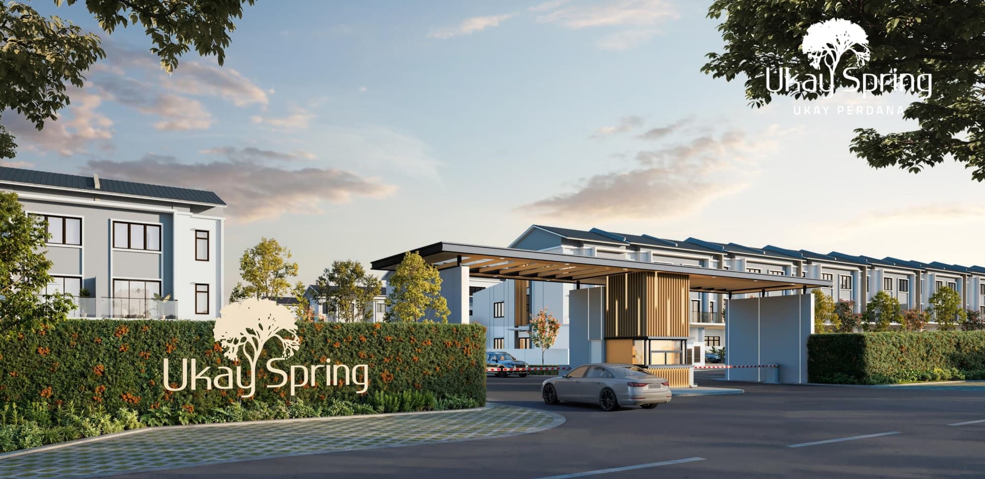 The guarded entrance to Ukay Spring, with the signage wall, the guardhouse and the boom gate, artist's impression