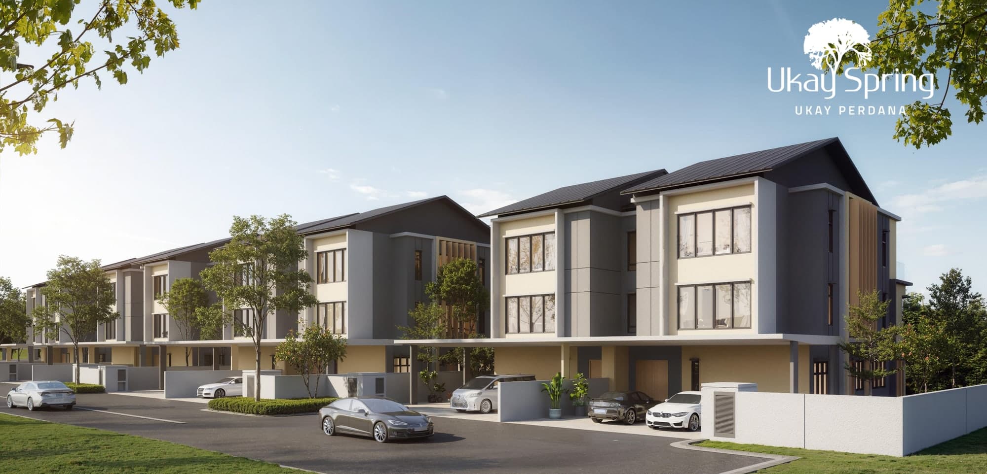 The three-storey semi-detached houses at Ukay Spring seen from the street, artist's impression