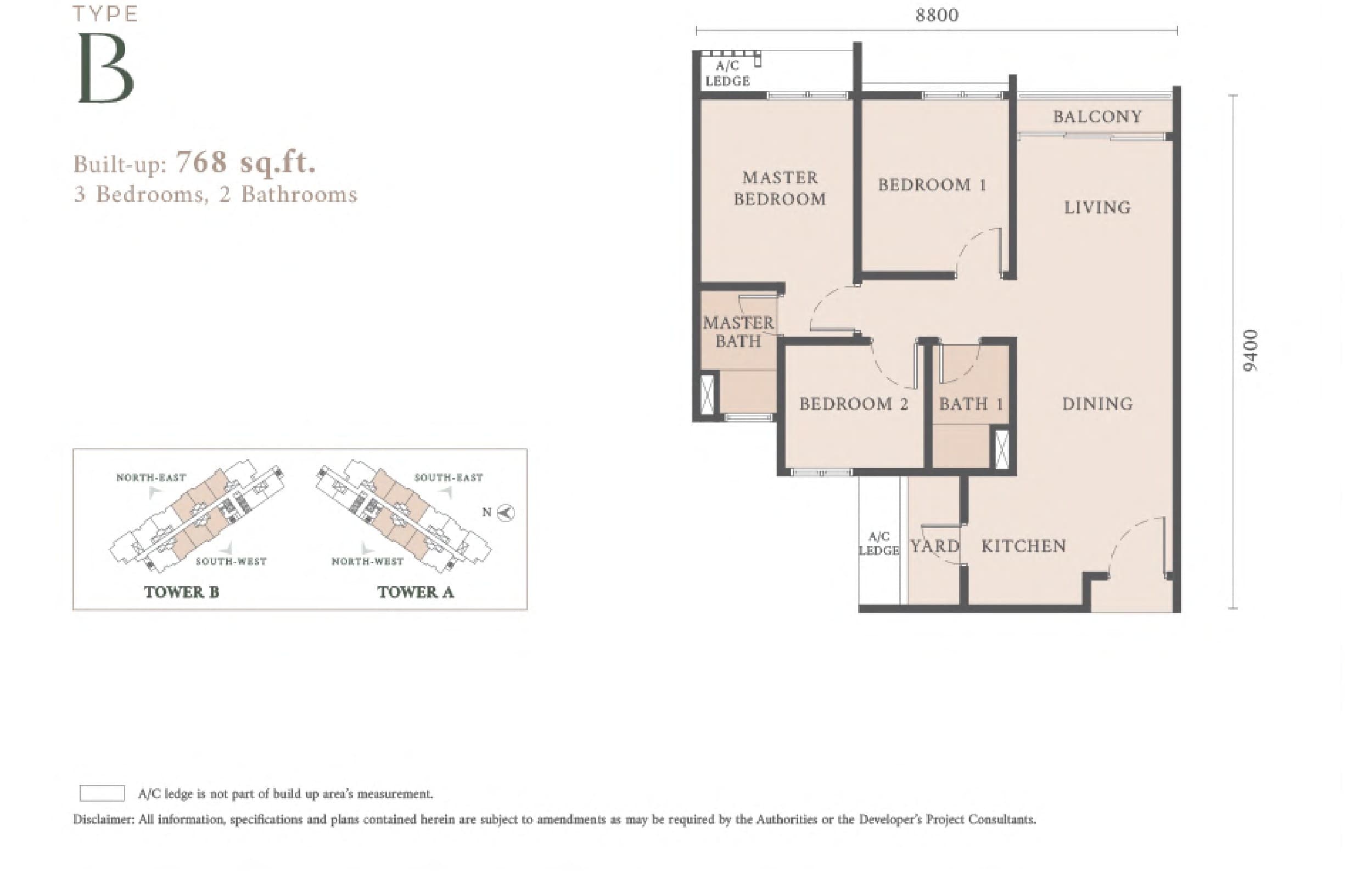Westfield Residences Type B floor plan — 768 sq ft, 3 bedrooms · 2 bathrooms