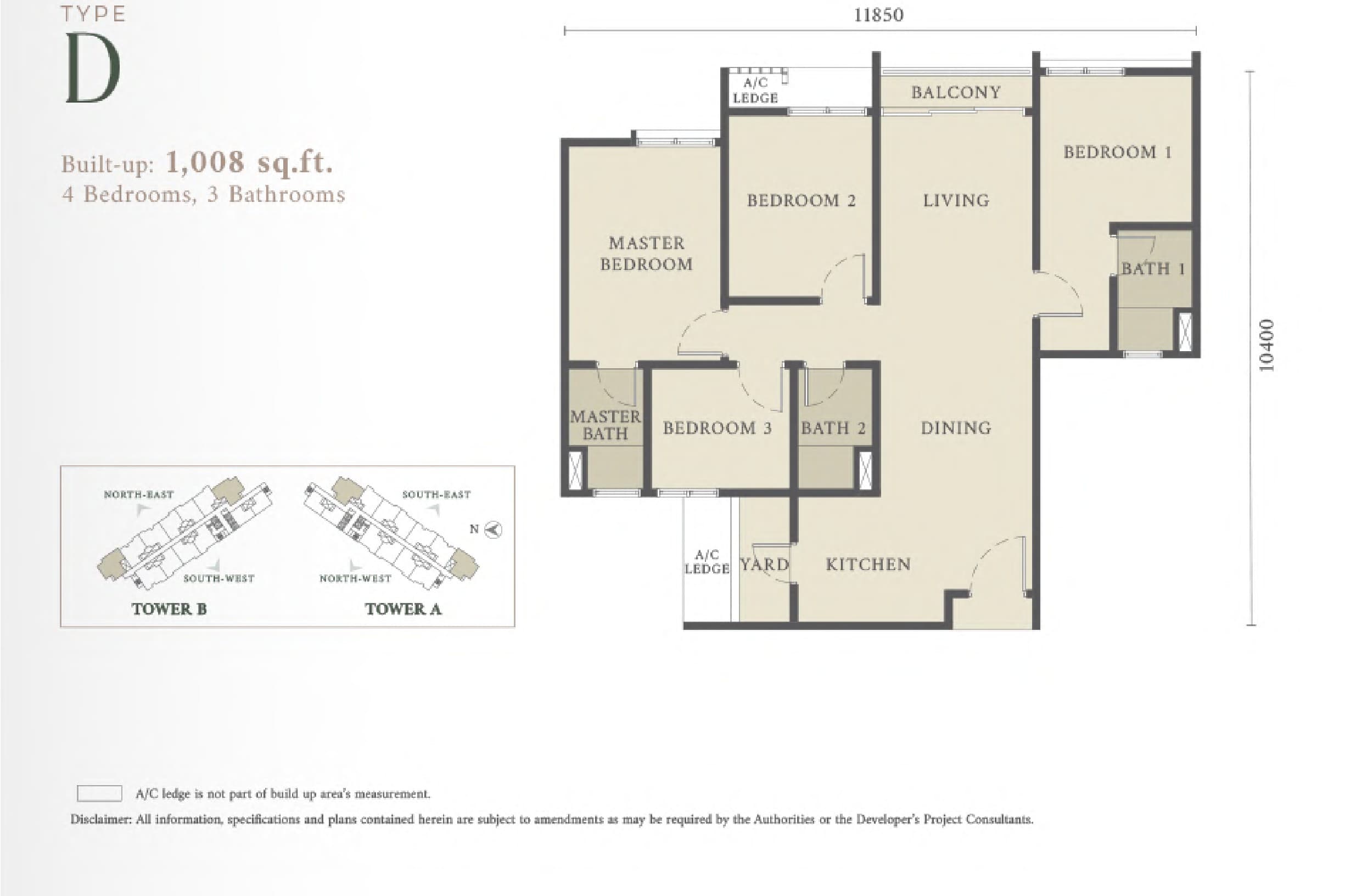 Westfield Residences Type D floor plan — 1,008 sq ft, 4 bedrooms · 3 bathrooms · balcony