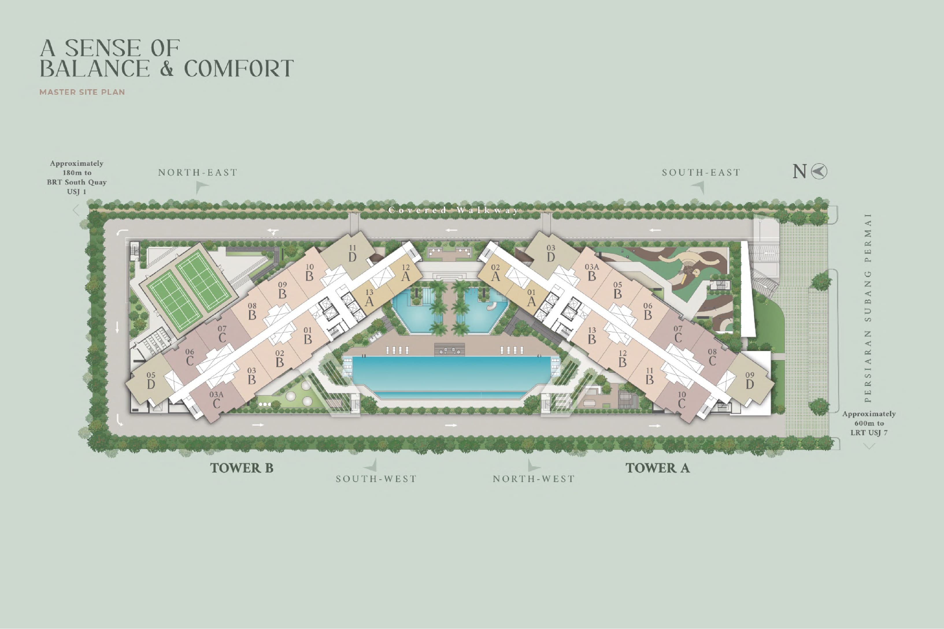 Westfield Residences master site plan — Towers A and B over the podium, with unit types marked on each floor plate and the BRT and LRT distances at the site corners