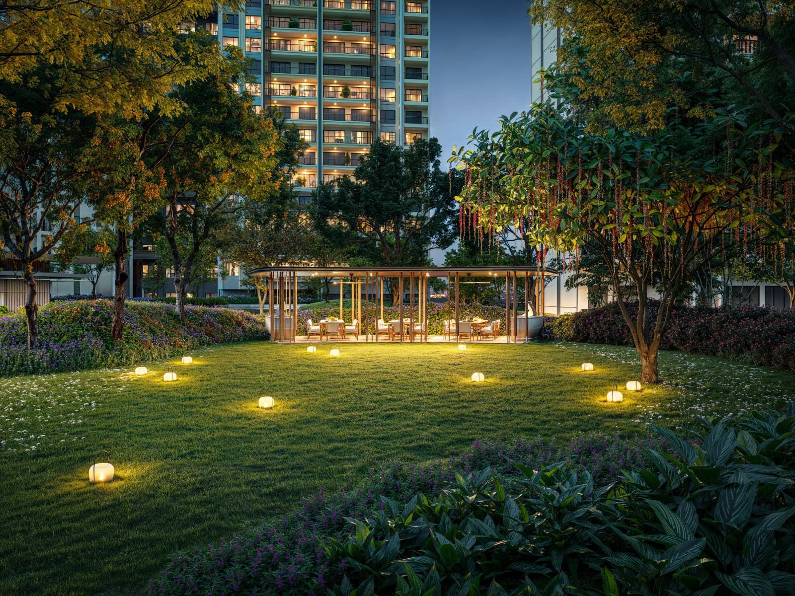 Landscaped gardens and pavilion at dusk