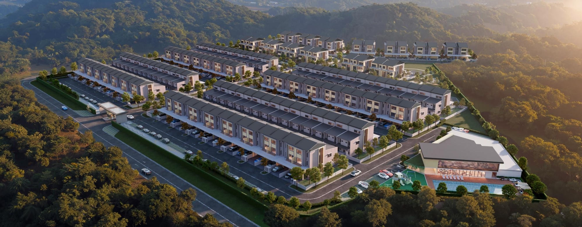 Ukay Spring — the 21.52-acre Phase 1A and 1B seen from the air, with the clubhouse at the right and the Klang Gates ridge behind, artist's impression