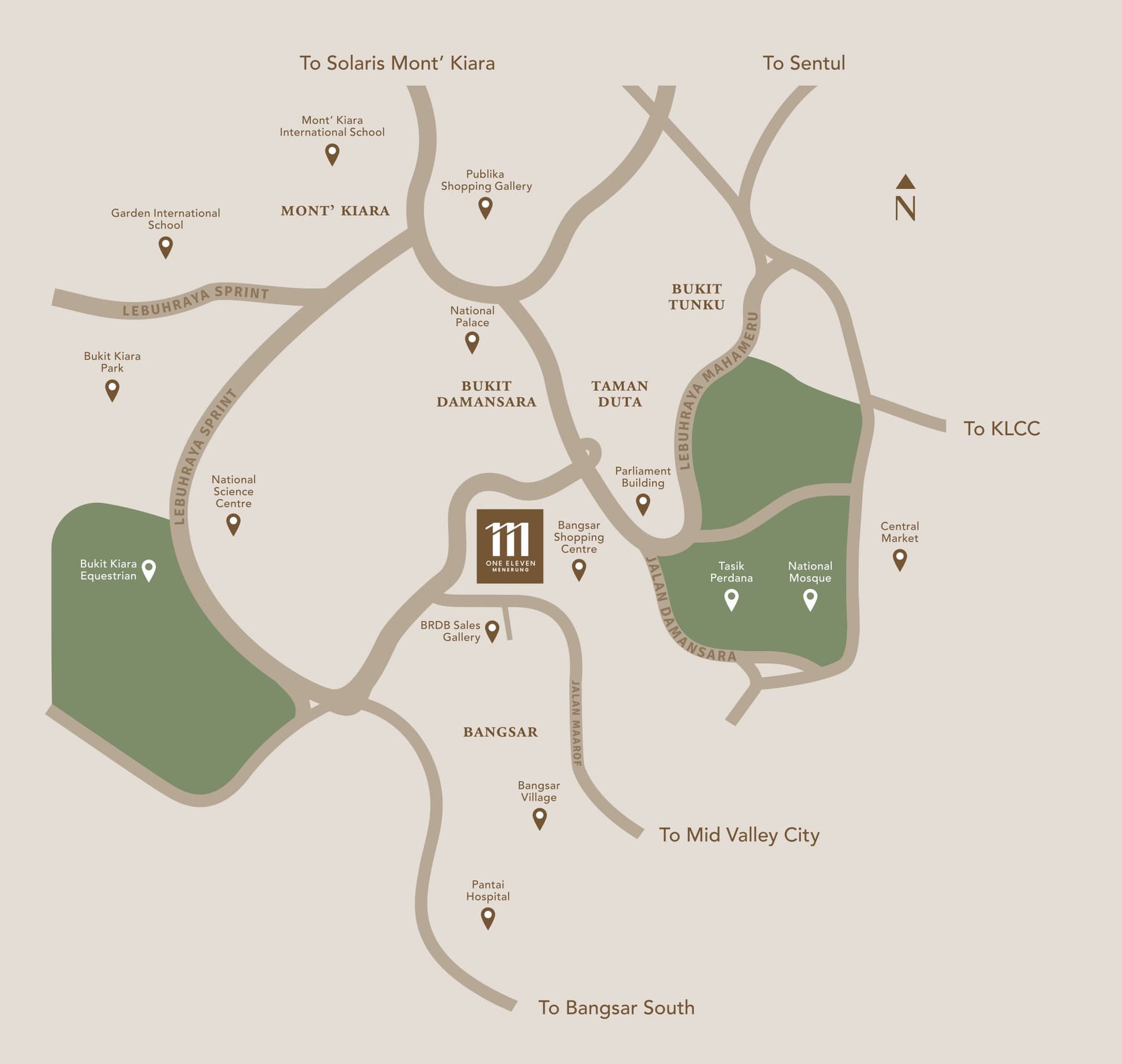 The 111 Menerung location map — the site marked between Bangsar and Bukit Damansara, with Bangsar Shopping Centre, Bangsar Village, Pantai Hospital, the BRDB Sales Gallery, Parliament Building, the National Palace, Tasik Perdana, the National Mosque, Central Market, Bukit Kiara Park, the Bukit Kiara Equestrian Centre, the National Science Centre, Publika, Garden International School and Mont' Kiara International School plotted around it