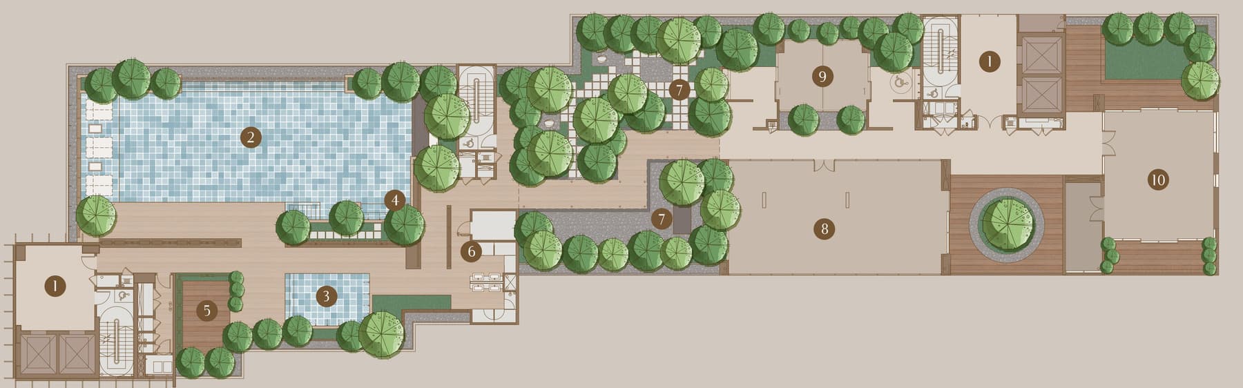 The 111 Menerung rooftop facility plan — the swimming pool and jacuzzi at the west end with the BBQ terrace and second pool below them, the changing rooms and rooftop gardens through the middle, and the gymnasium, surau and multipurpose hall space at the east end