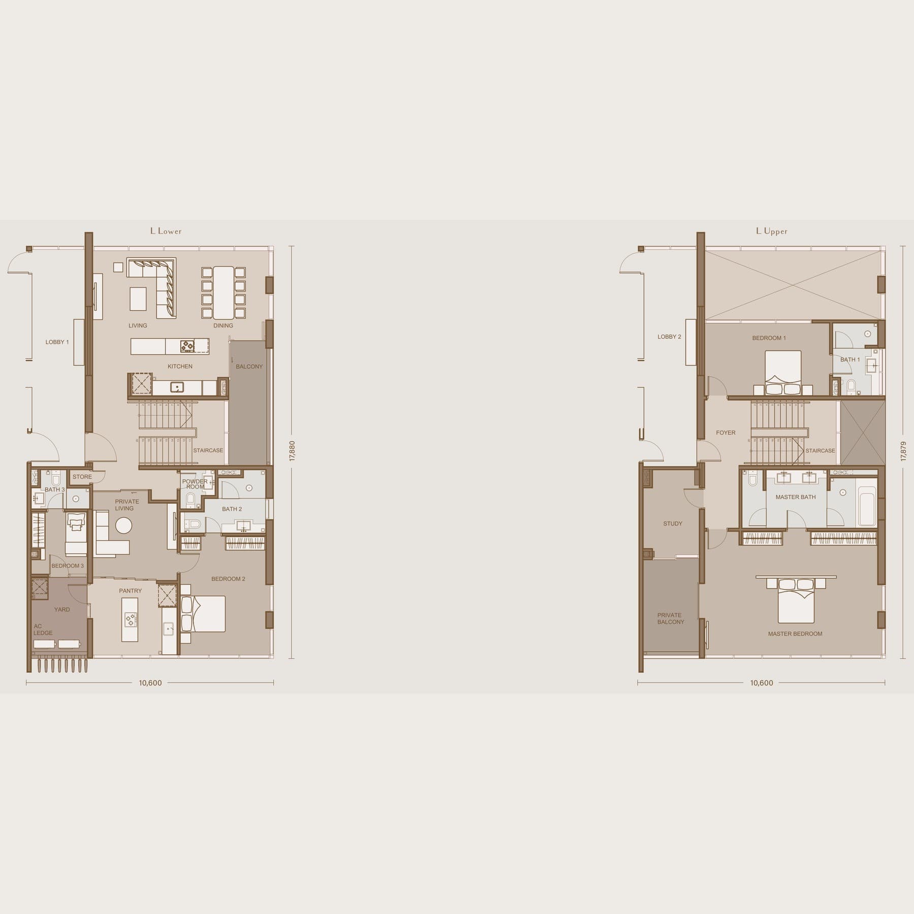 111 Menerung Bangsar Type L floor plan — 3,714 sq ft, 4 bedrooms · 5 bathrooms incl. powder room · duplex · 3 car park bays