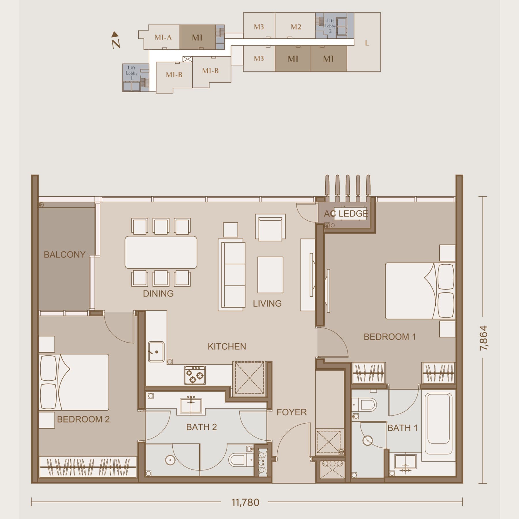 111 Menerung Bangsar Type M1 floor plan — 1,001 sq ft, 2 bedrooms · 2 bathrooms · balcony · 1 car park bay