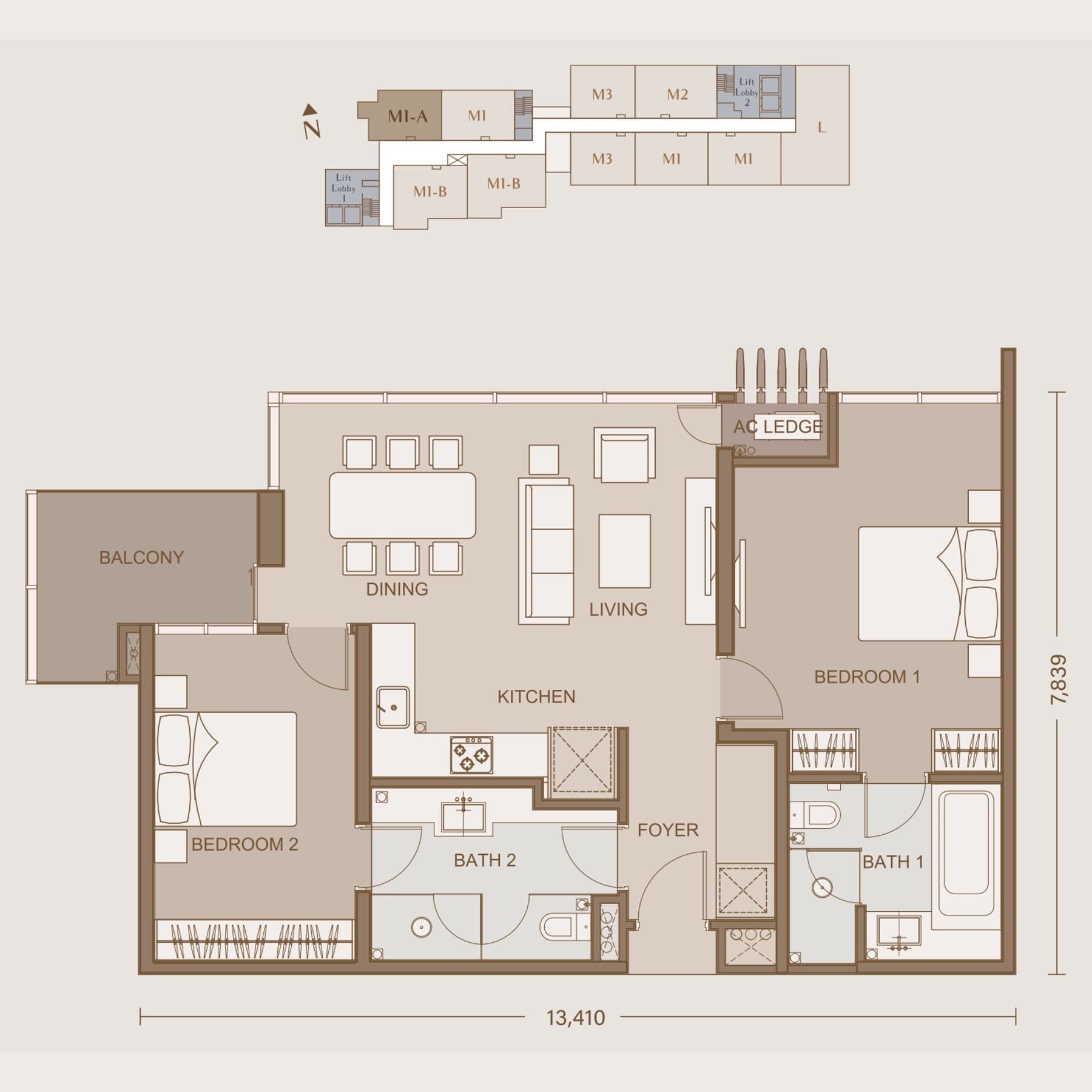 111 Menerung Bangsar Type M1-A floor plan — 1,012 sq ft, 2 bedrooms · 2 bathrooms · balcony · 1 car park bay