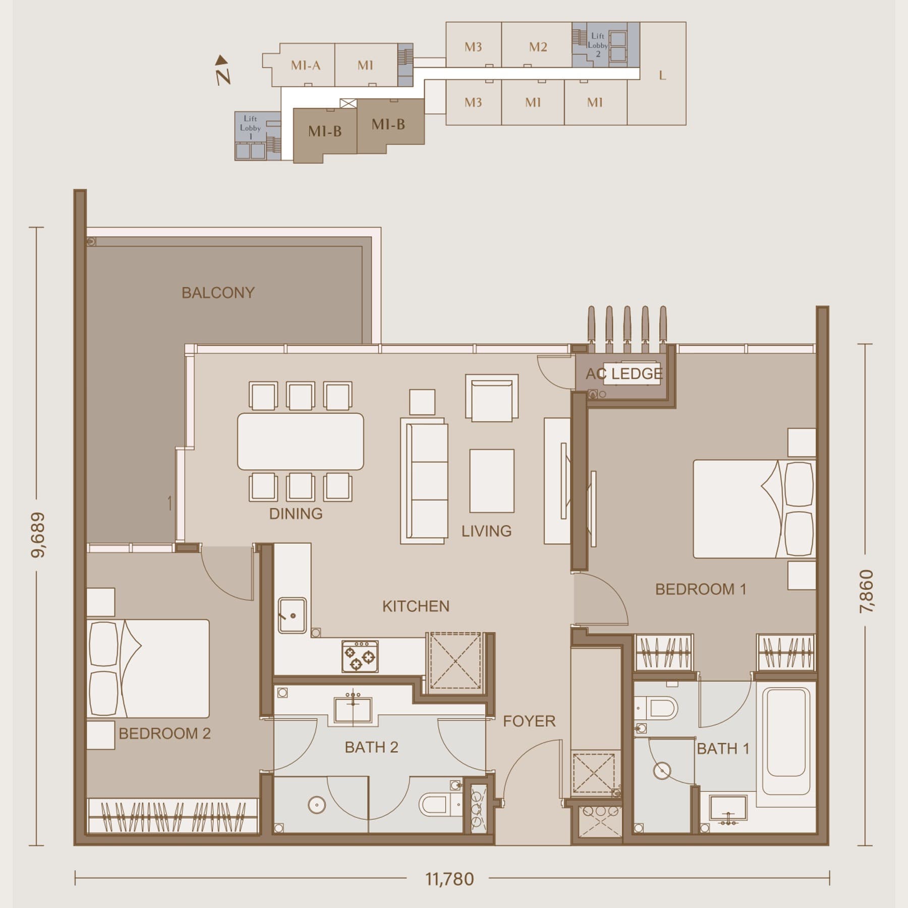 111 Menerung Bangsar Type M1-B floor plan — 1,087 sq ft, 2 bedrooms · 2 bathrooms · large balcony · 1 car park bay