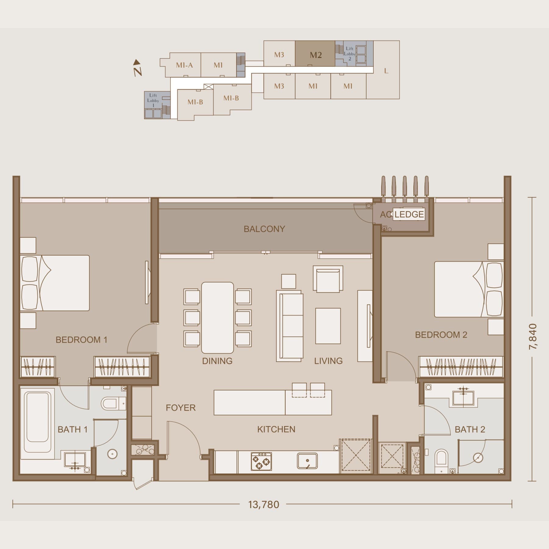 111 Menerung Bangsar Type M2 floor plan — 1,163 sq ft, 2 bedrooms · 2 bathrooms · full-width balcony · 2 car park bays