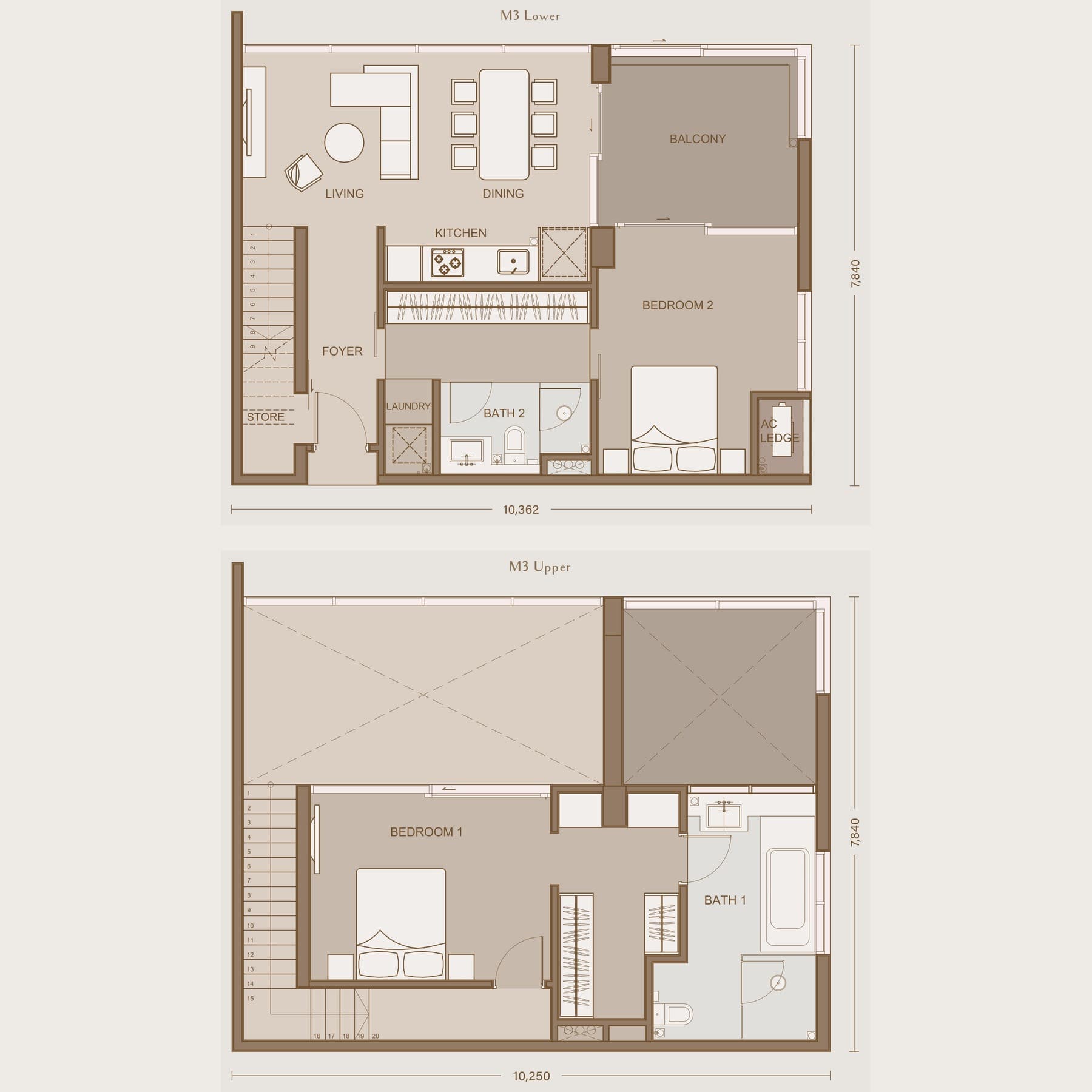 111 Menerung Bangsar Type M3 floor plan — 1,378 sq ft, 2 bedrooms · 2 bathrooms · duplex · balcony · 2 car park bays