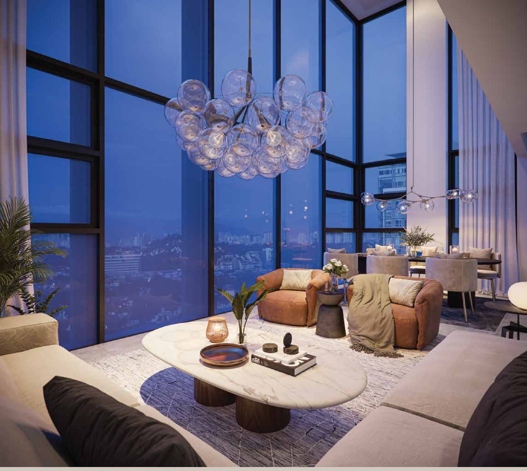 A double-height living room in one of the duplex layouts, glazed corner to corner