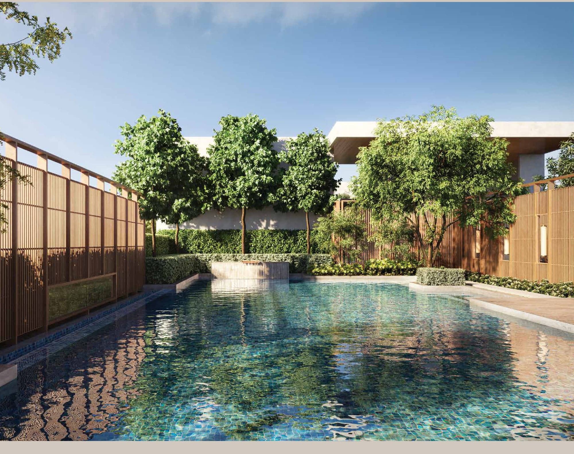 The rooftop swimming pool, screened on both long sides by timber battens with the pavilion beyond