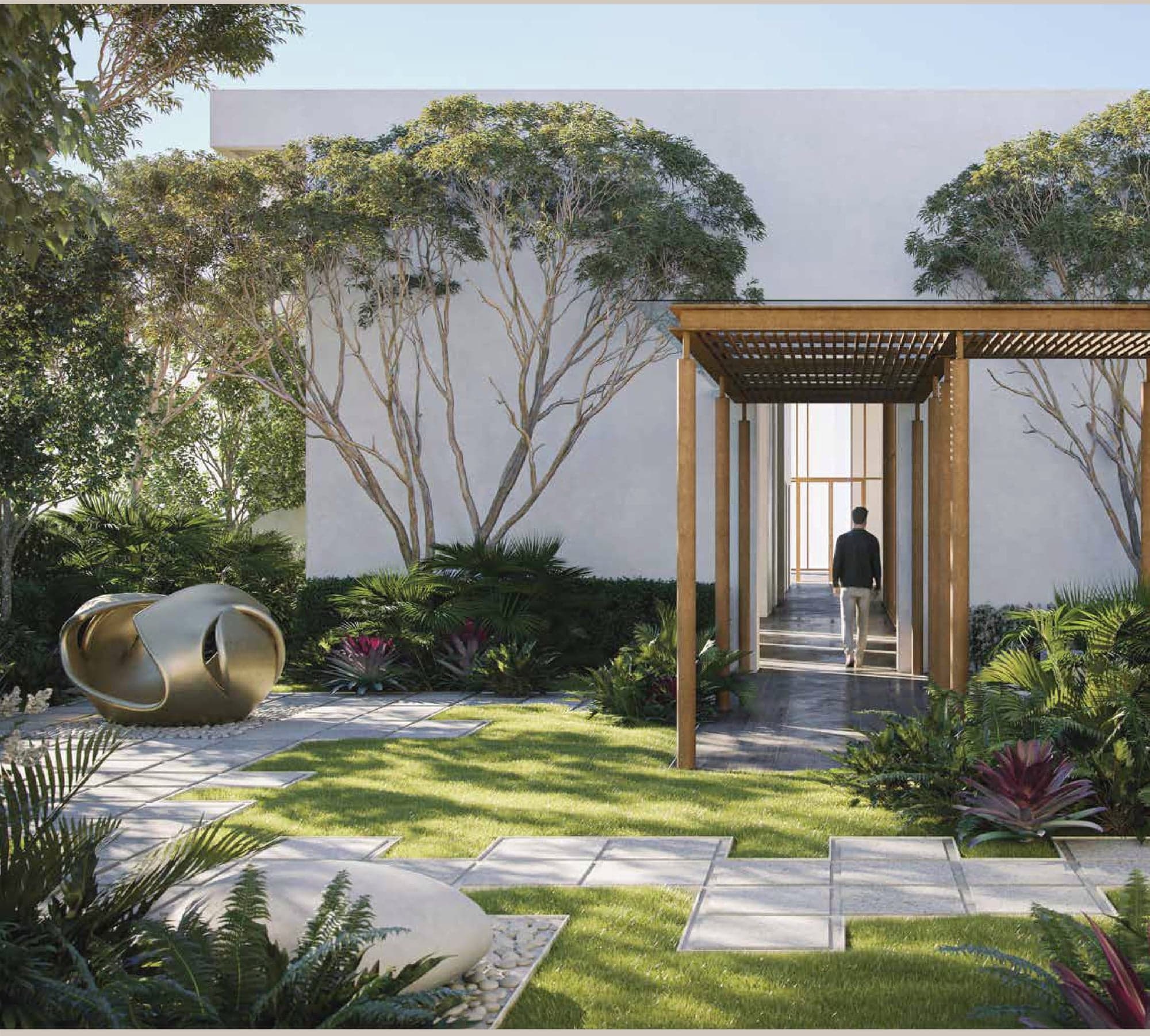 The rooftop garden — lawn, stone paving and a timber pergola leading back to the lift lobby