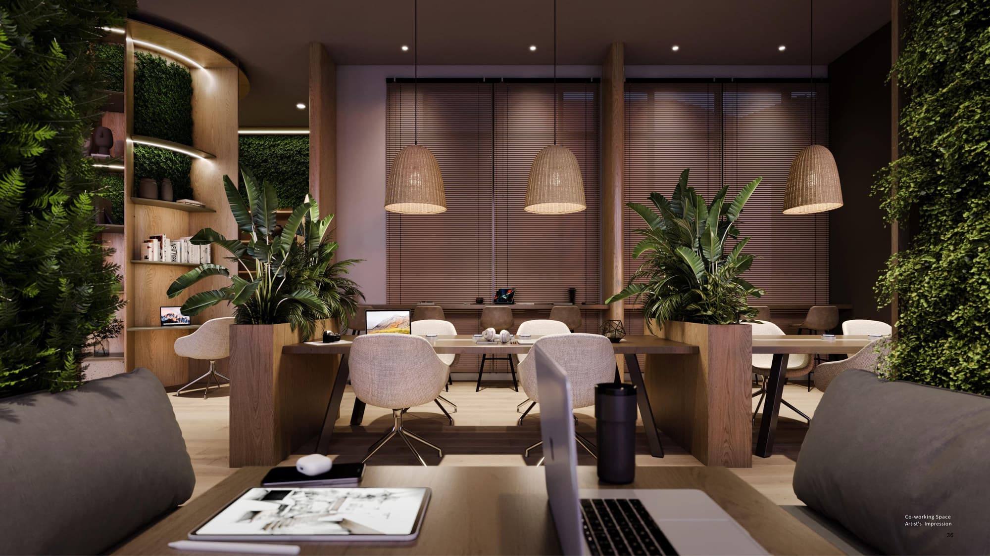 The rooftop co-working space, with the bonding pods and sauna alongside