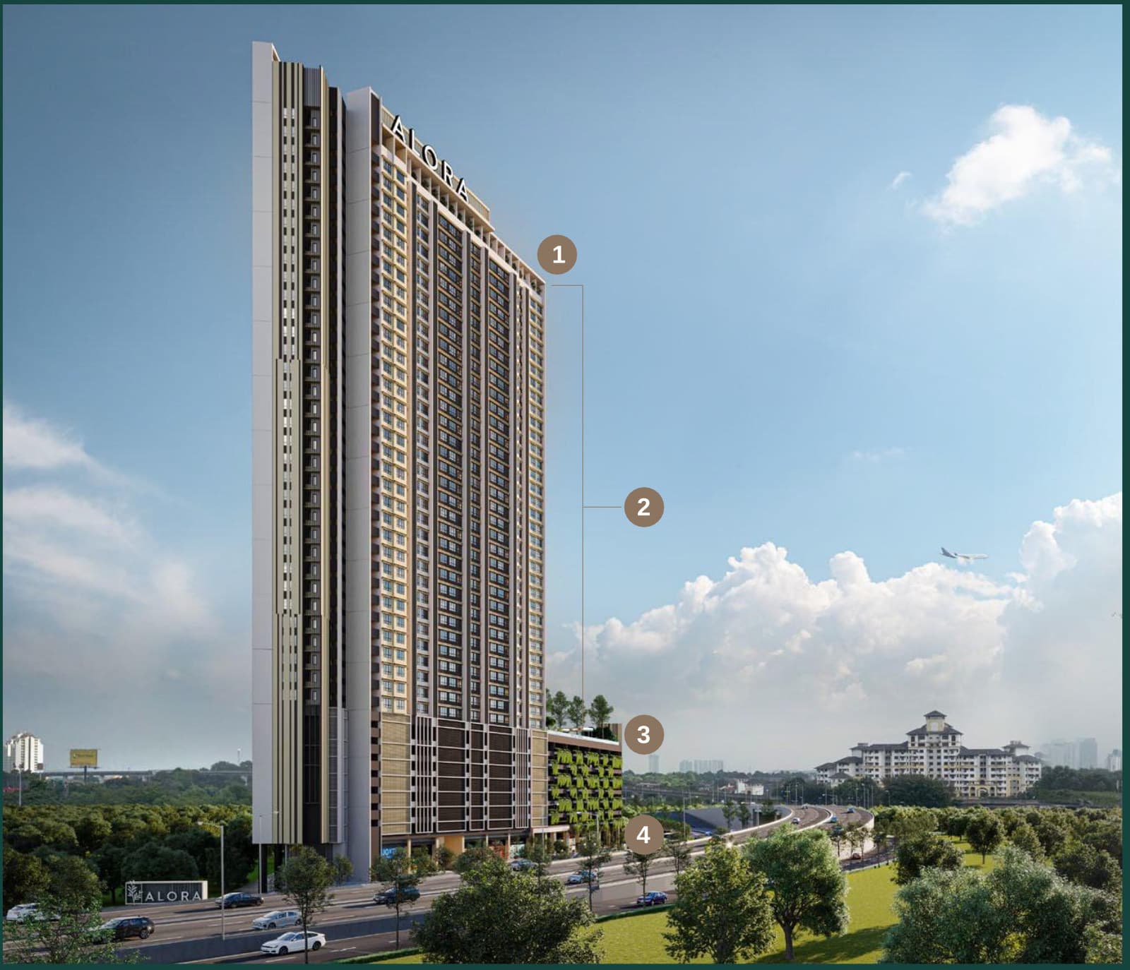 Alora Residences tower facade, marked with the four forest layers — rooftop facilities at levels 38 and 43, the residences at levels 10 to 42, the Level 10 landscapes, and the retail shops at Level 1
