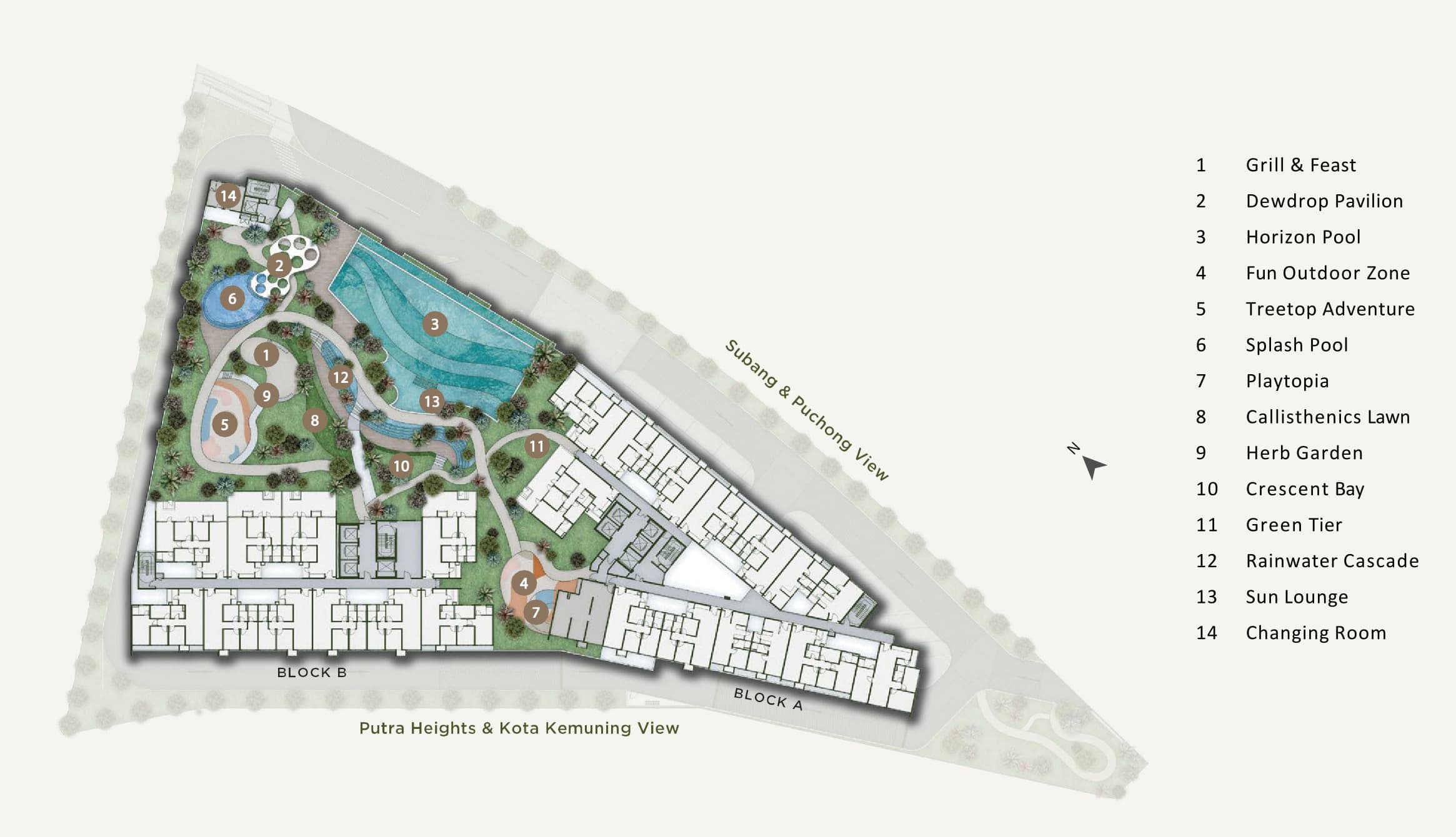 Alora Residences Level 10 facilities plan — Horizon Pool, Splash Pool, Crescent Bay, Playtopia, the Treetop Adventure, Grill & Feast and the herb garden laid out across the landscape deck between Block A and Block B
