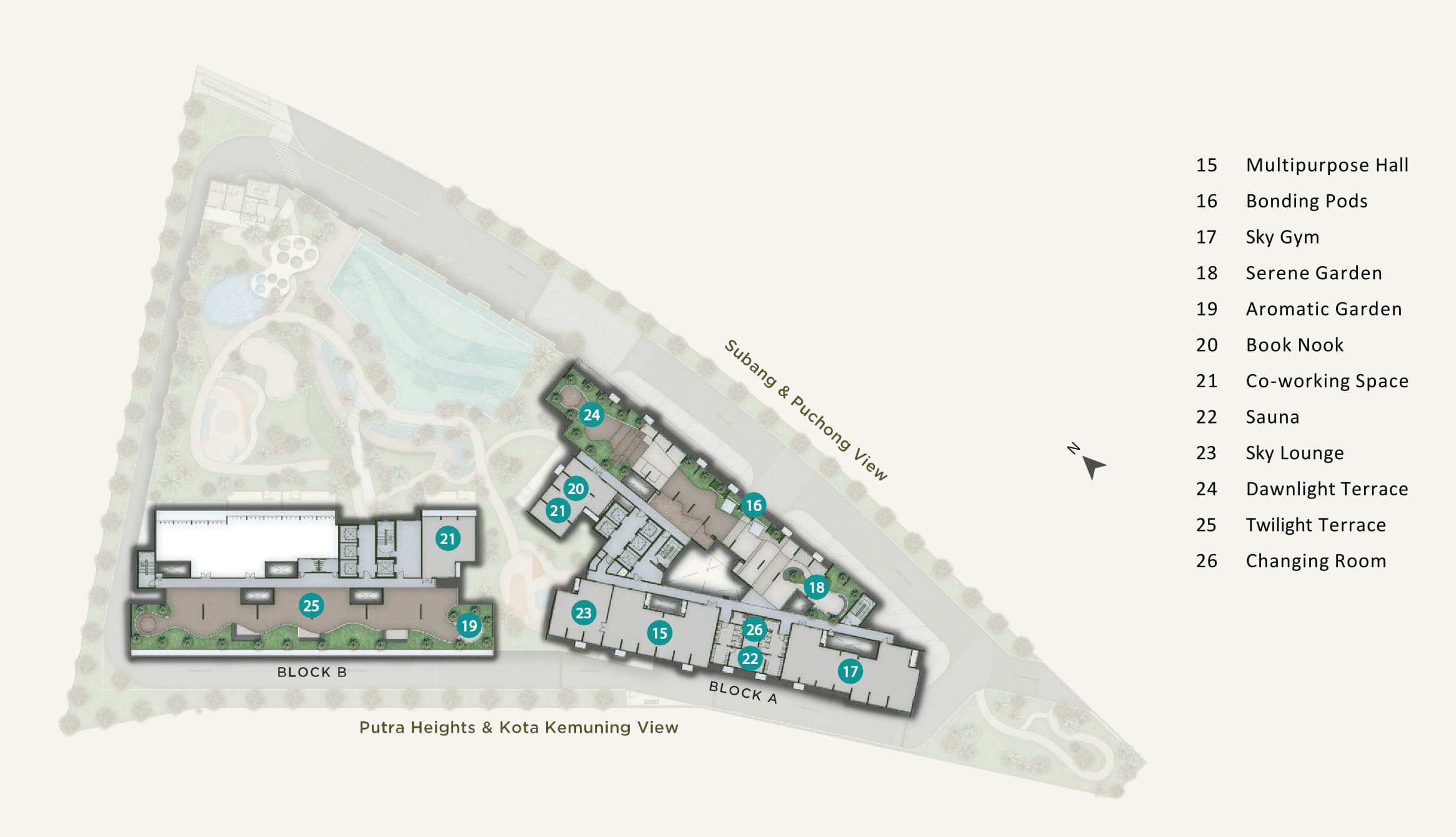 Alora Residences rooftop facilities plan — the Sky Gym, sauna, Sky Lounge, co-working space, Book Nook, bonding pods, multipurpose hall and the Dawnlight and Twilight terraces on the roofs of Block A and Block B
