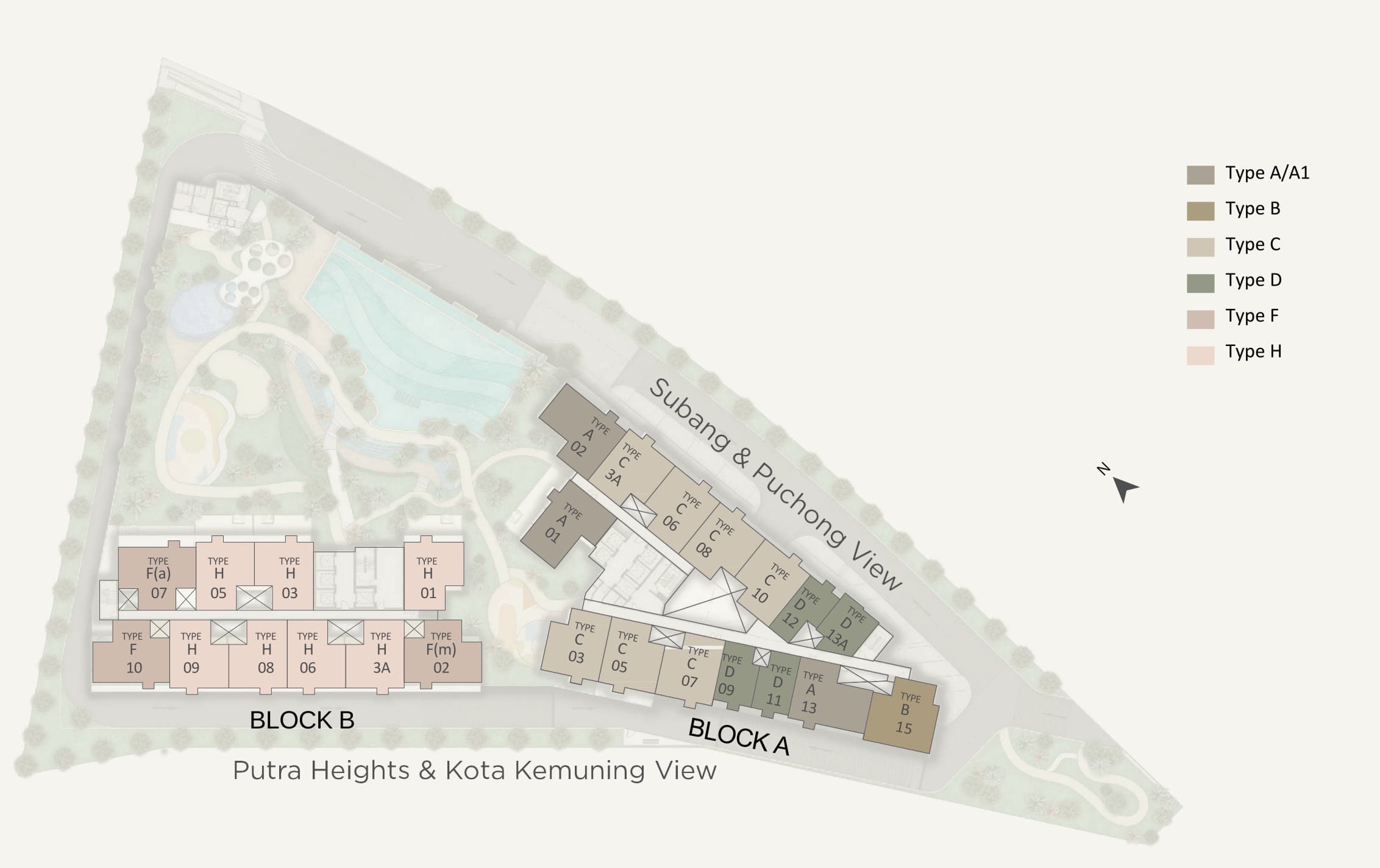 Alora Residences typical floor plan for Tower A and Tower B — every unit stack numbered and colour-coded by type, over the Level 10 landscape deck on the triangular site