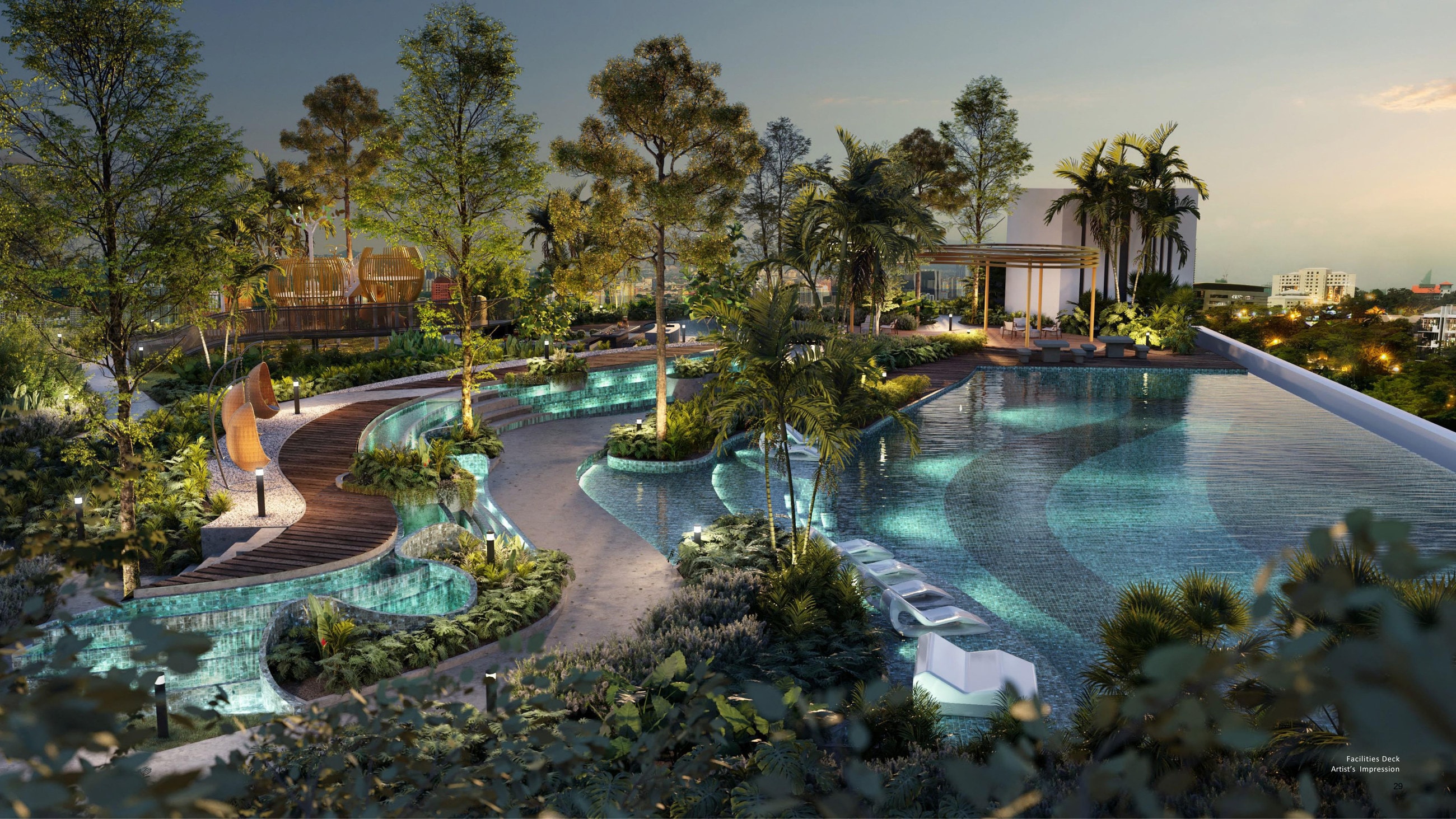 Alora Residences facilities deck — the Level 10 landscape with Horizon Pool, the timber boardwalk and the planted terraces at dusk