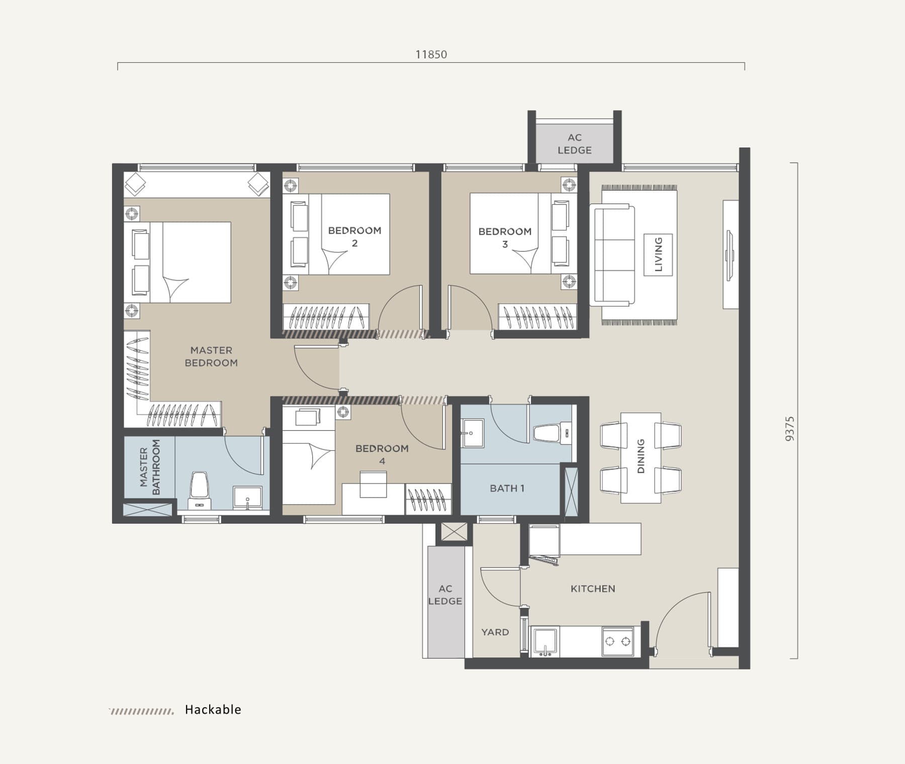 Alora Residences Type A floor plan — 1,042 sq ft, 4 bedrooms · 2 bathrooms · 2 side-by-side car parks