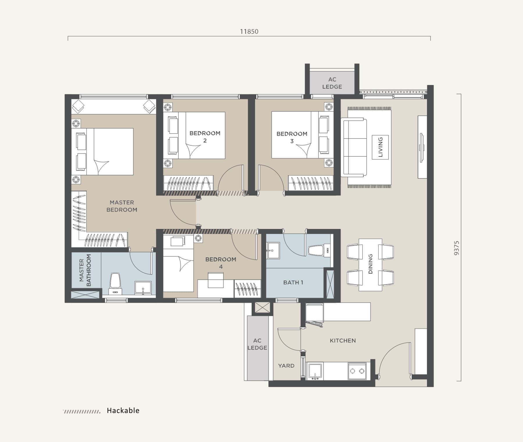 Alora Residences Type A1 floor plan — 1,042 sq ft, 4 bedrooms · 2 bathrooms · 2 side-by-side car parks