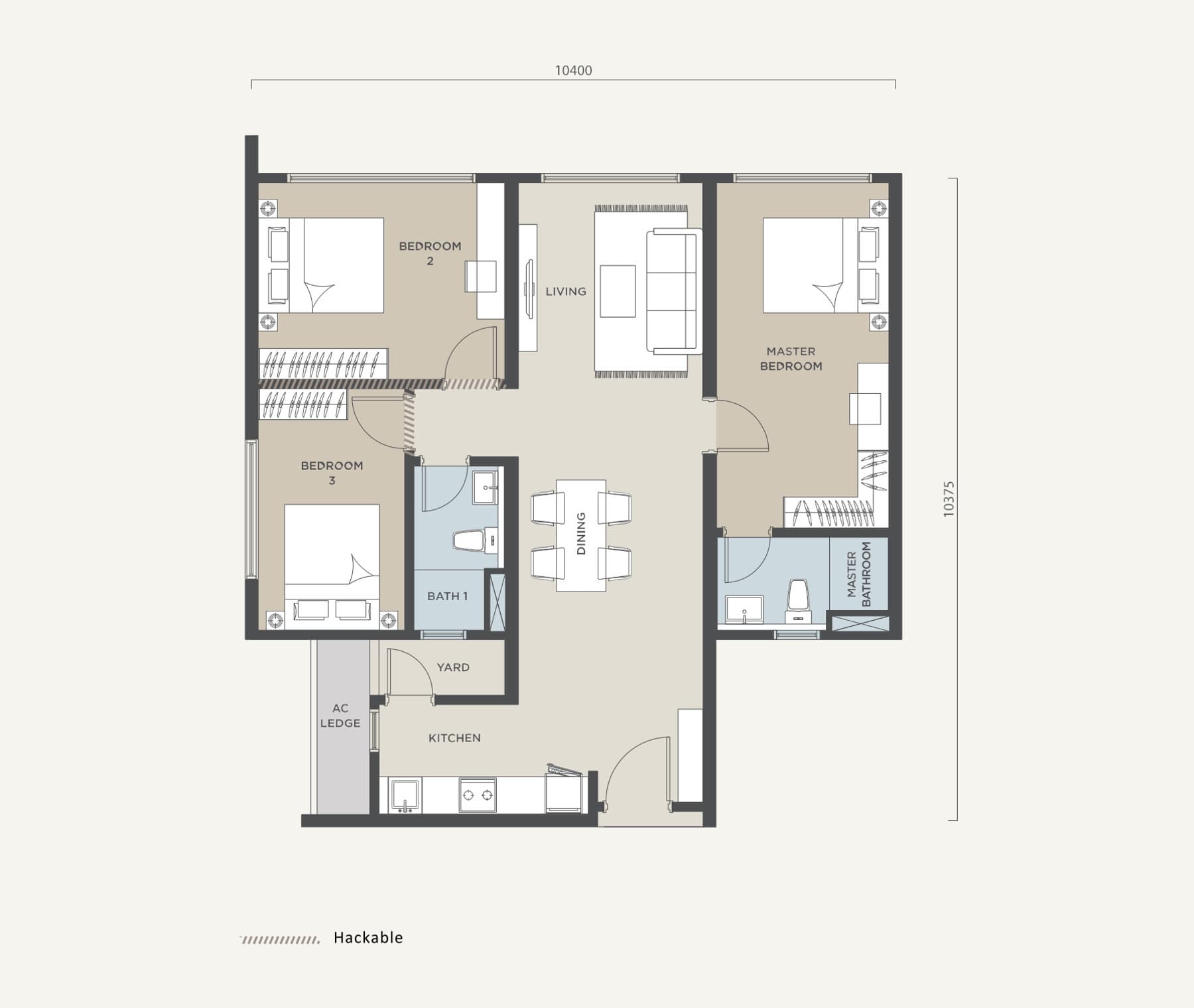 Alora Residences Type B floor plan — 1,028 sq ft, 3 bedrooms · 2 bathrooms · 2 side-by-side car parks
