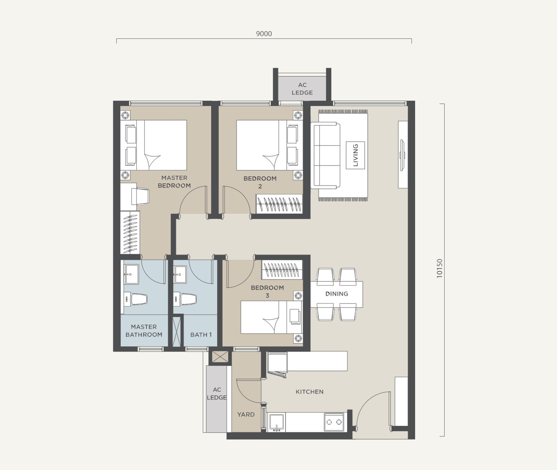 Alora Residences Type C floor plan — 923 sq ft, 3 bedrooms · 2 bathrooms · 2 car parks