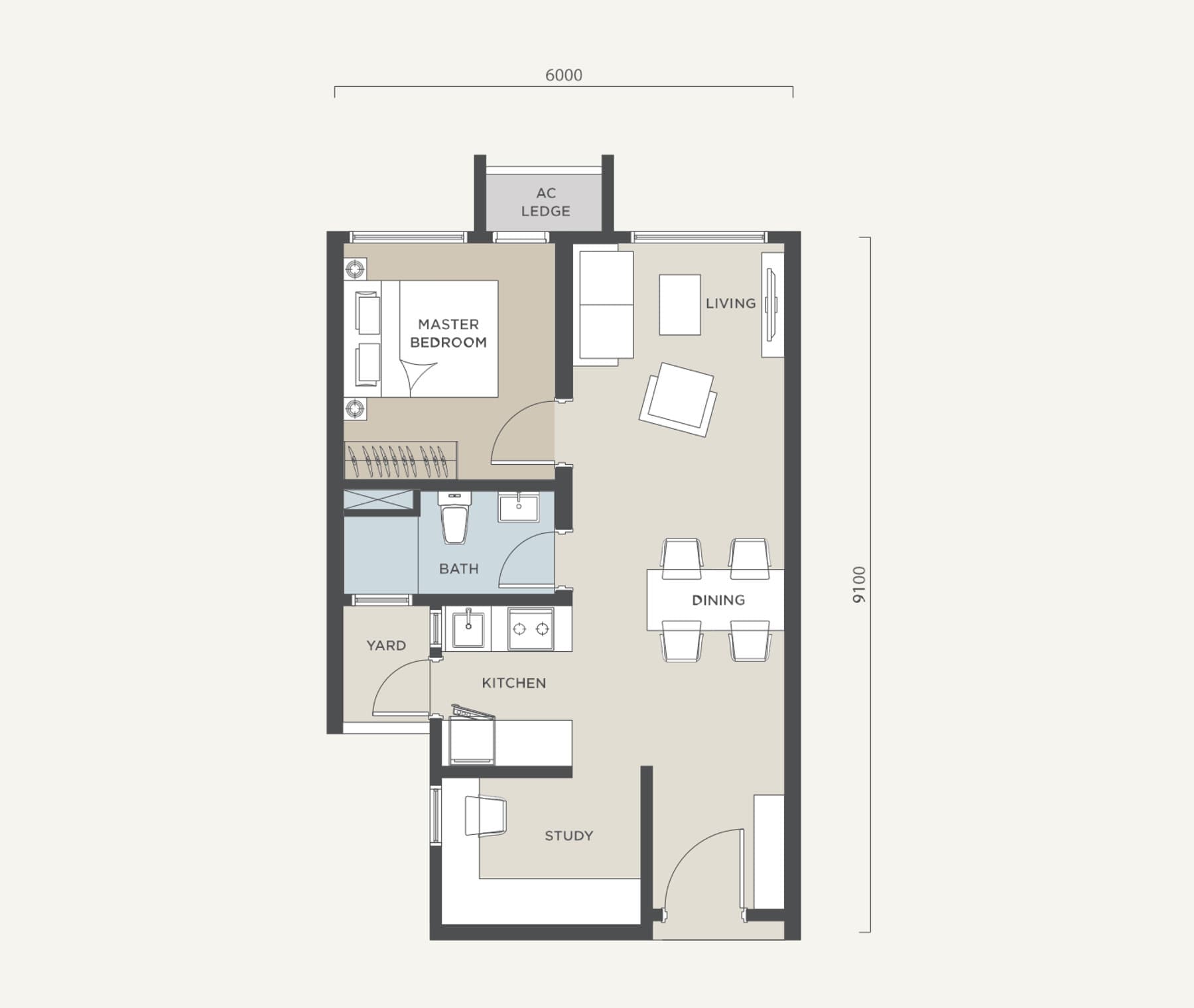 Alora Residences Type D floor plan — 568 sq ft, 1 bedroom · 1 bathroom · 1 car park