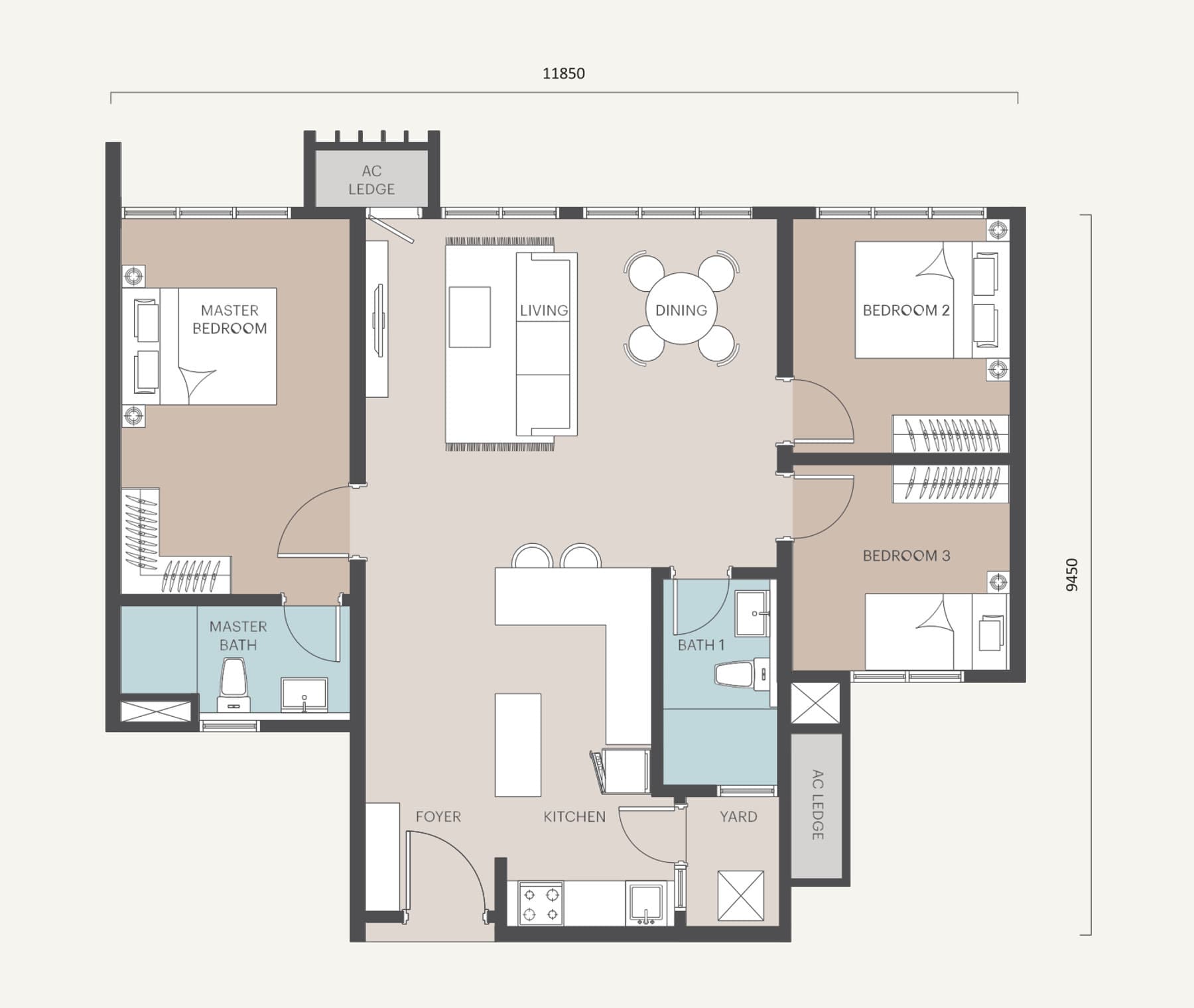 Alora Residences Type F floor plan — 1,042 sq ft, 3 bedrooms · 2 bathrooms · 2 car parks