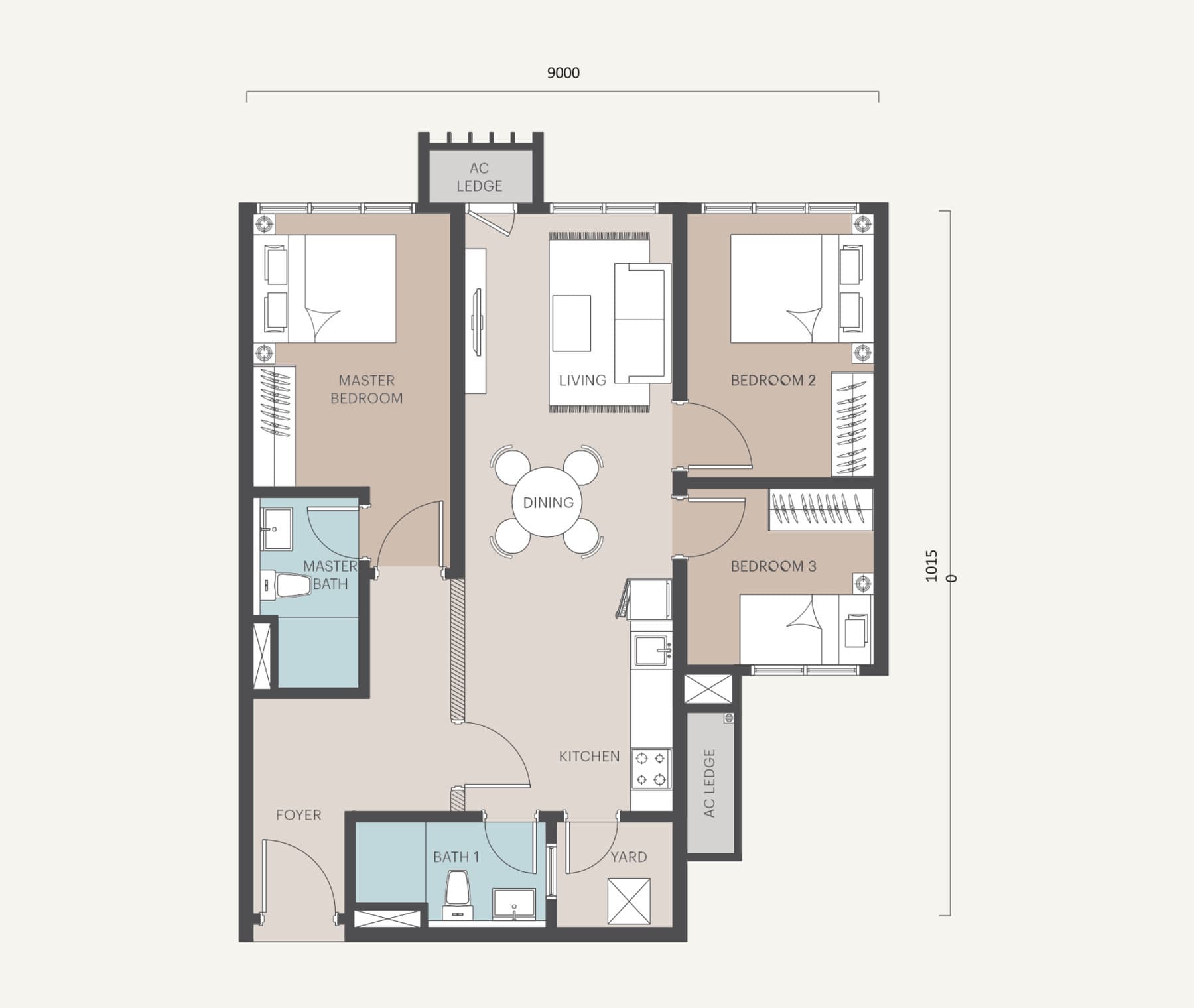 Alora Residences Type H floor plan — 923 sq ft, 3 bedrooms · 2 bathrooms · 2 car parks