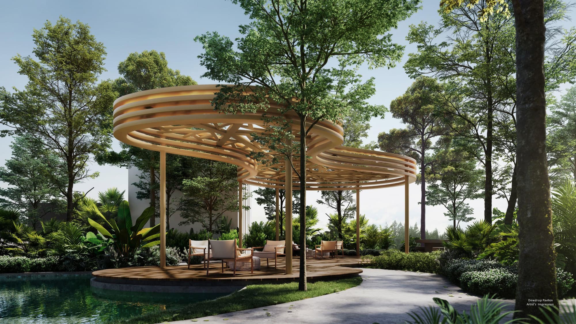 Dewdrop Pavilion, the shaded timber canopy at the quiet end of the deck