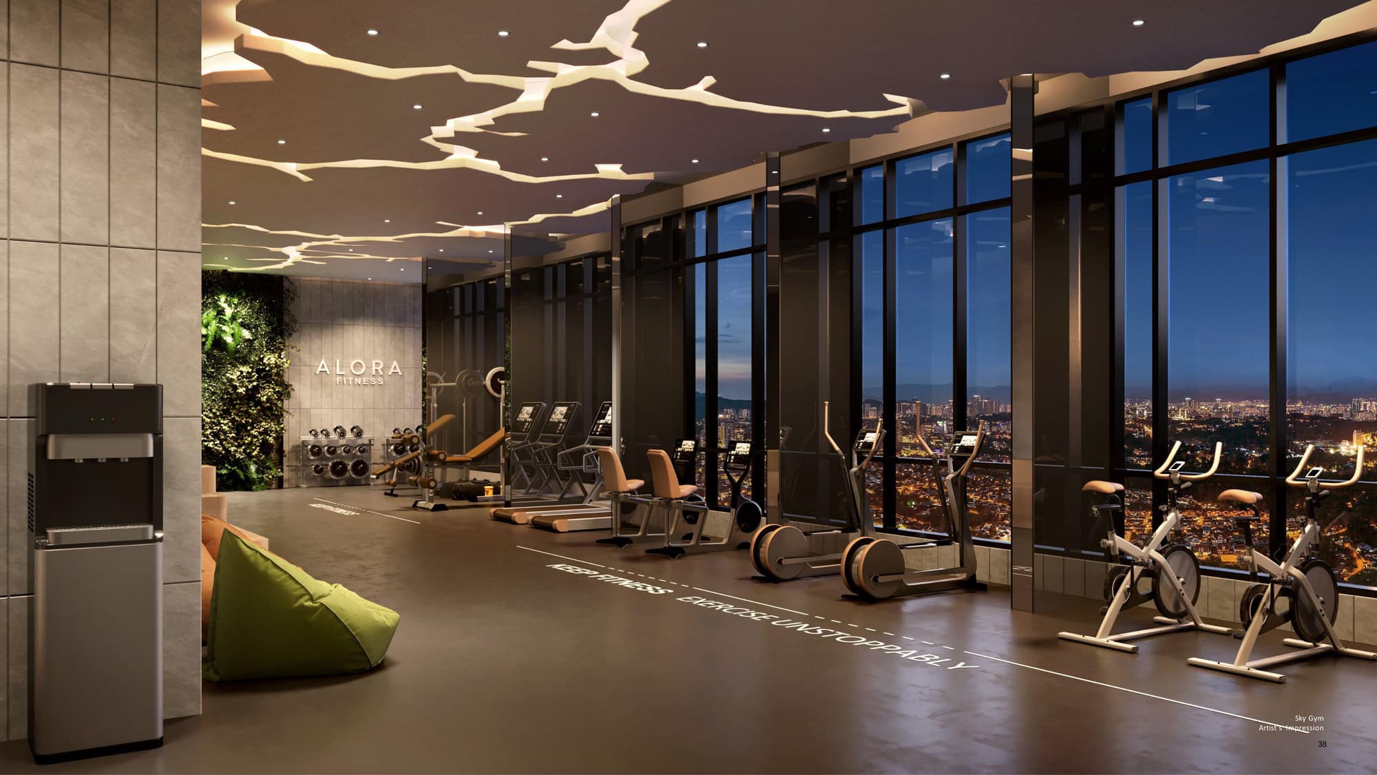 The Sky Gym on the rooftop, glazed on two sides above the city