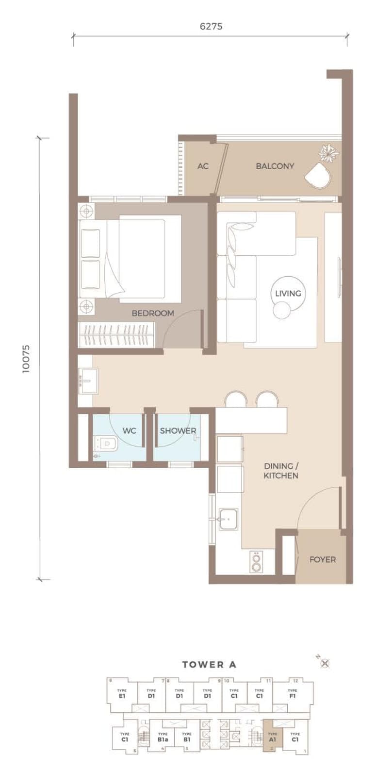 Amaya Residences Tower A Type A1 floor plan — 554 sq ft, 1 bedroom, 1 bathroom