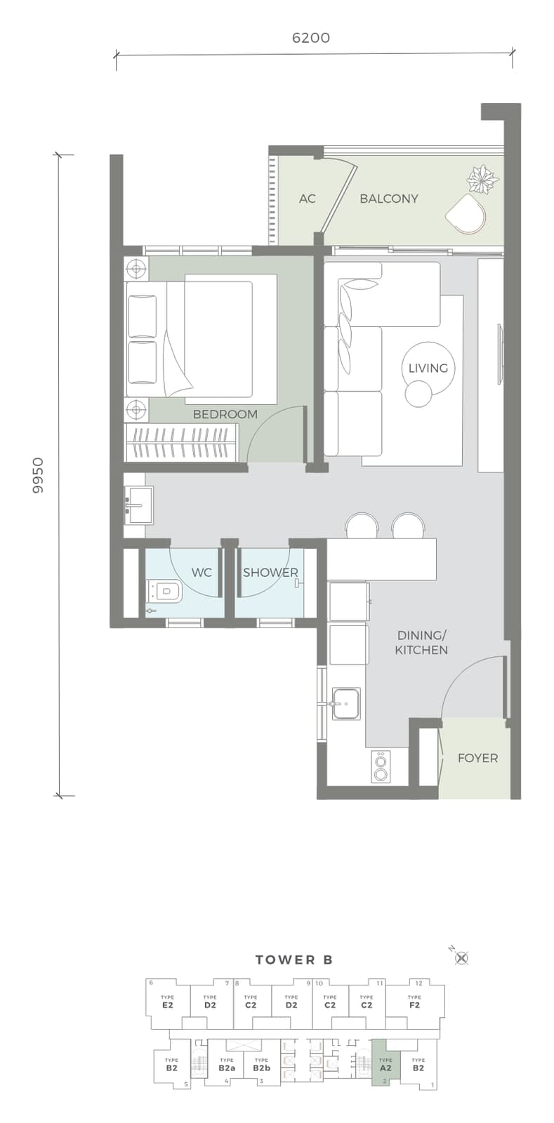 Amaya Residences Tower B Type A2 floor plan — 539 sq ft, 1 bedroom, 1 bathroom