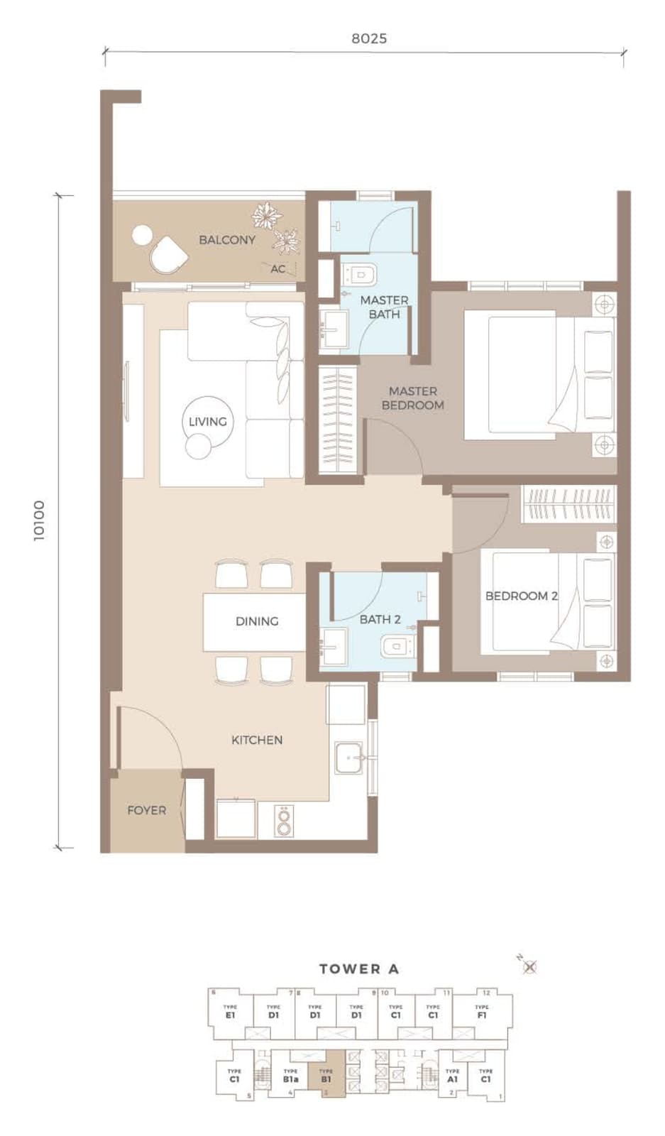 Amaya Residences Tower A Type B1 floor plan — 702 sq ft, 2 bedrooms, 2 bathrooms