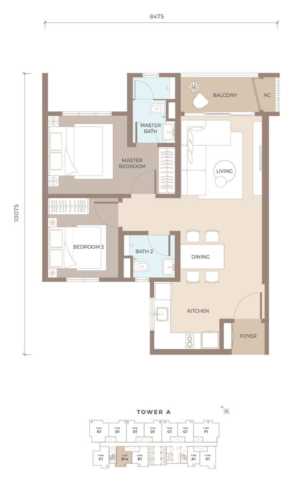 Amaya Residences Tower A Type B1a floor plan — 714 sq ft, 2 bedrooms, 2 bathrooms