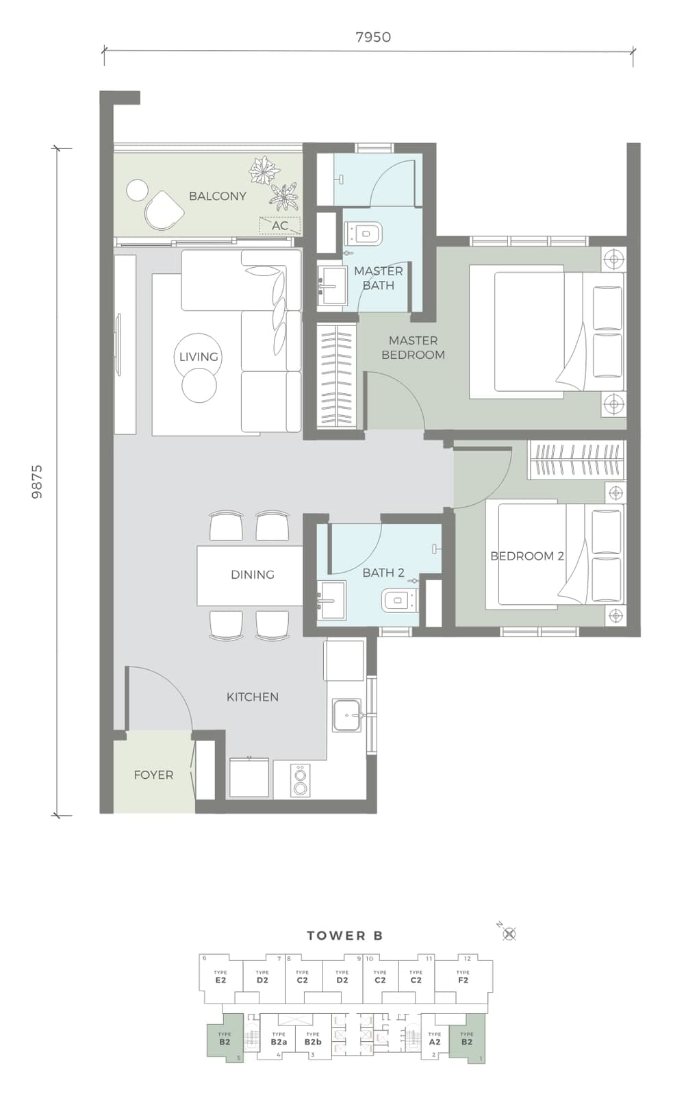 Amaya Residences Tower B Type B2 floor plan — 688 sq ft, 2 bedrooms, 2 bathrooms