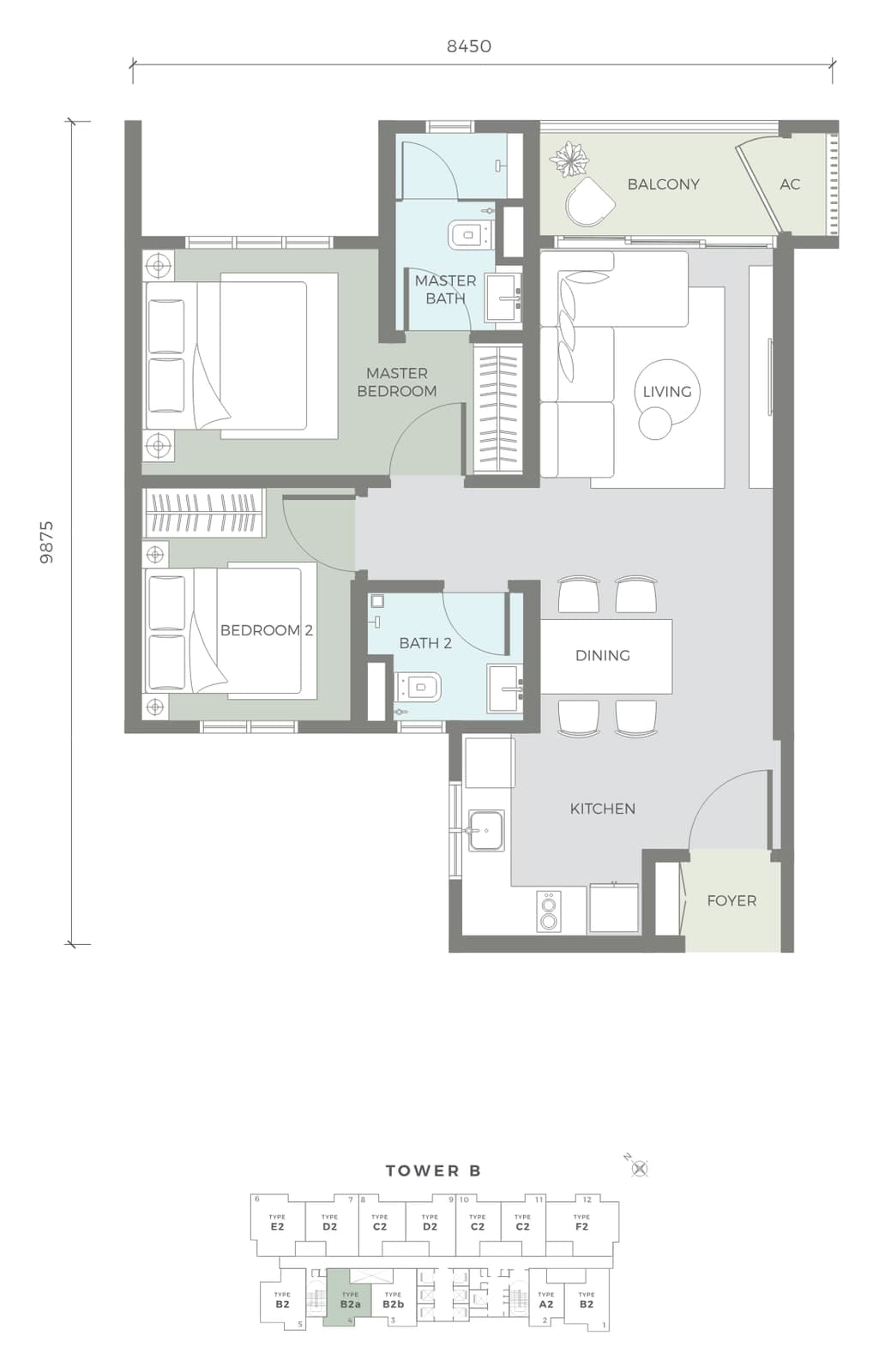 Amaya Residences Tower B Type B2a floor plan — 693 sq ft, 2 bedrooms, 2 bathrooms