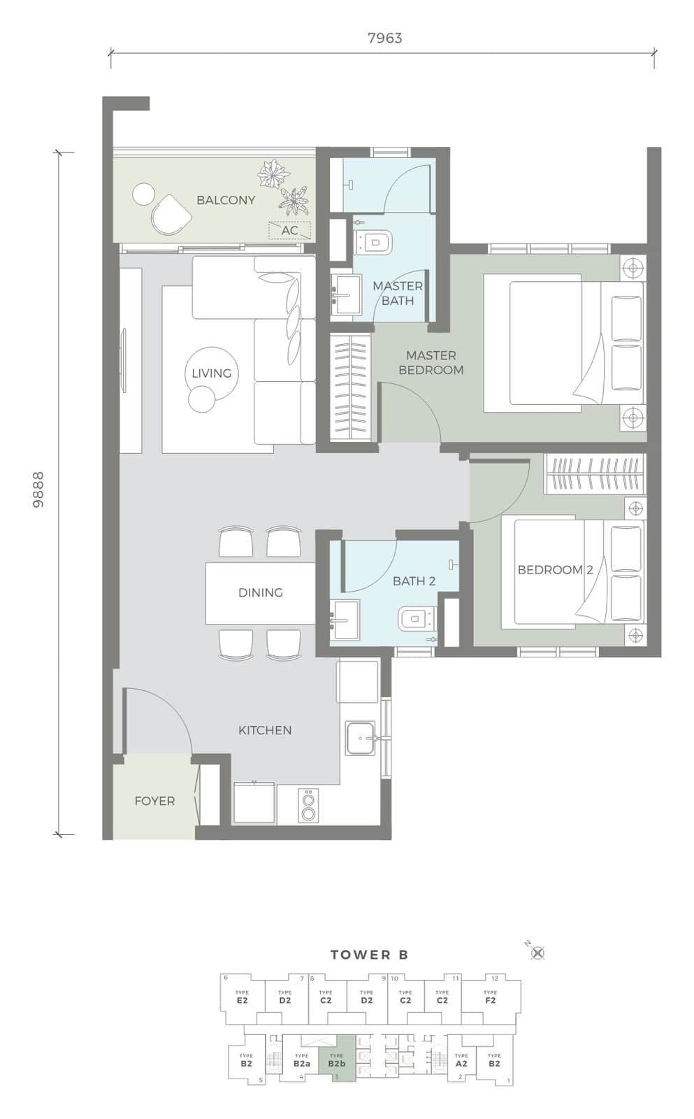 Amaya Residences Tower B Type B2b floor plan — 681 sq ft, 2 bedrooms, 2 bathrooms