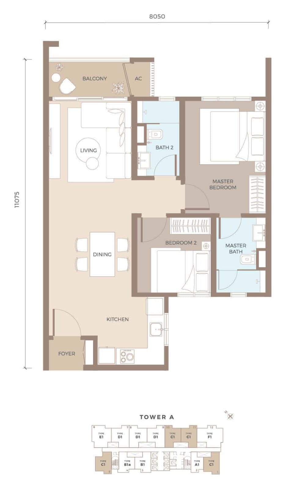 Amaya Residences Tower A Type C1 floor plan — 792 sq ft, 2 bedrooms, 2 bathrooms
