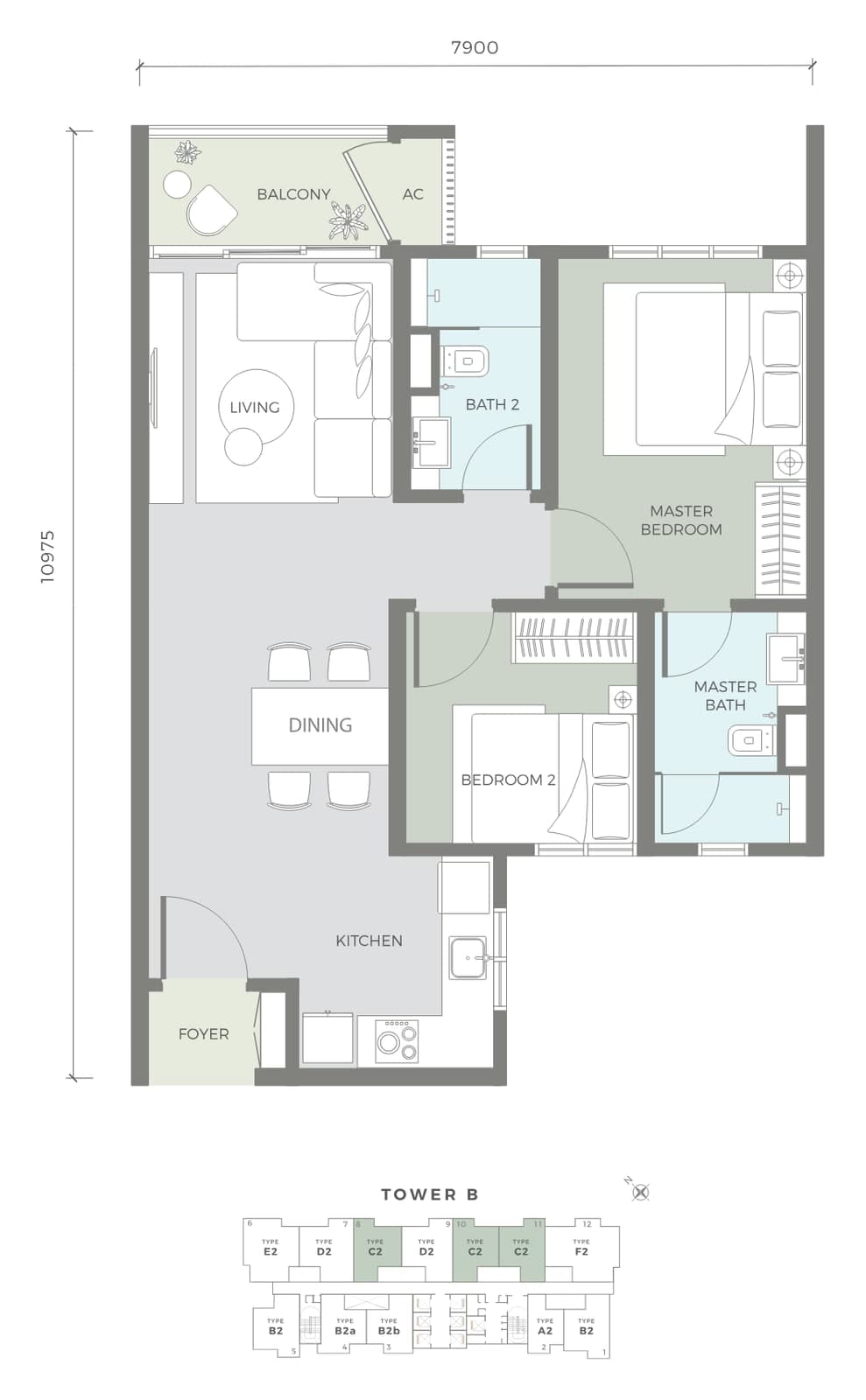 Amaya Residences Tower B Type C2 floor plan — 764 sq ft, 2 bedrooms, 2 bathrooms