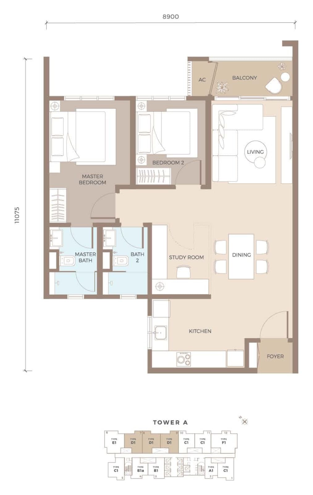 Amaya Residences Tower A Type D1 floor plan — 879 sq ft, 2 bedrooms, 2 bathrooms + study