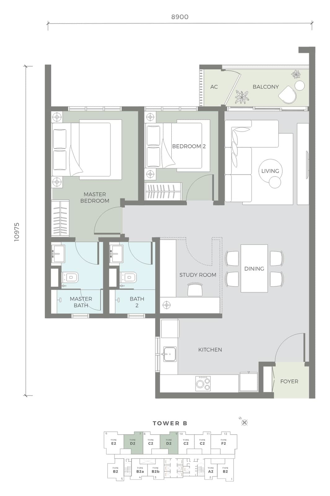 Amaya Residences Tower B Type D2 floor plan — 870 sq ft, 2 bedrooms, 2 bathrooms + study