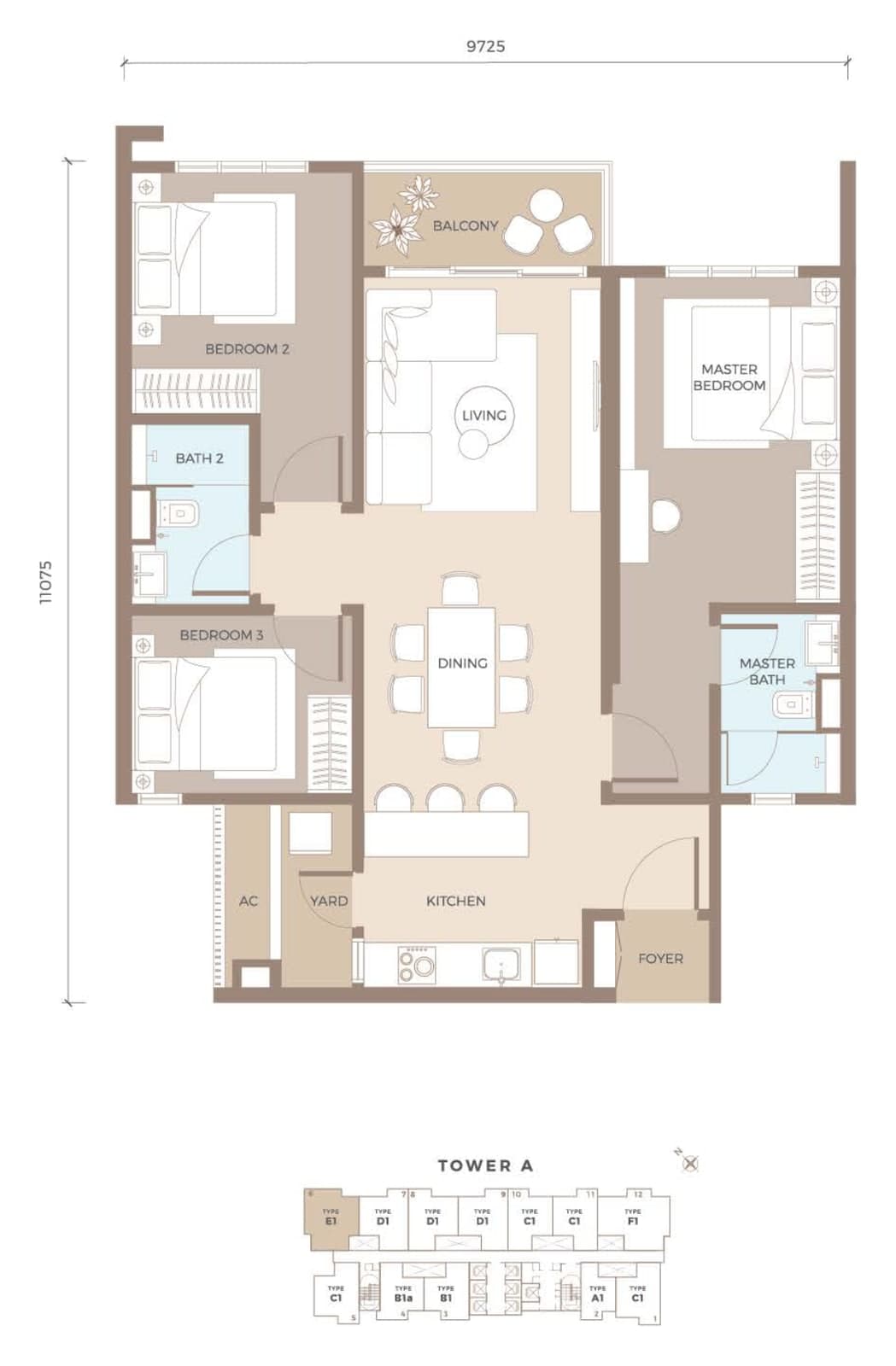 Amaya Residences Tower A Type E1 floor plan — 1,024 sq ft, 3 bedrooms, 2 bathrooms
