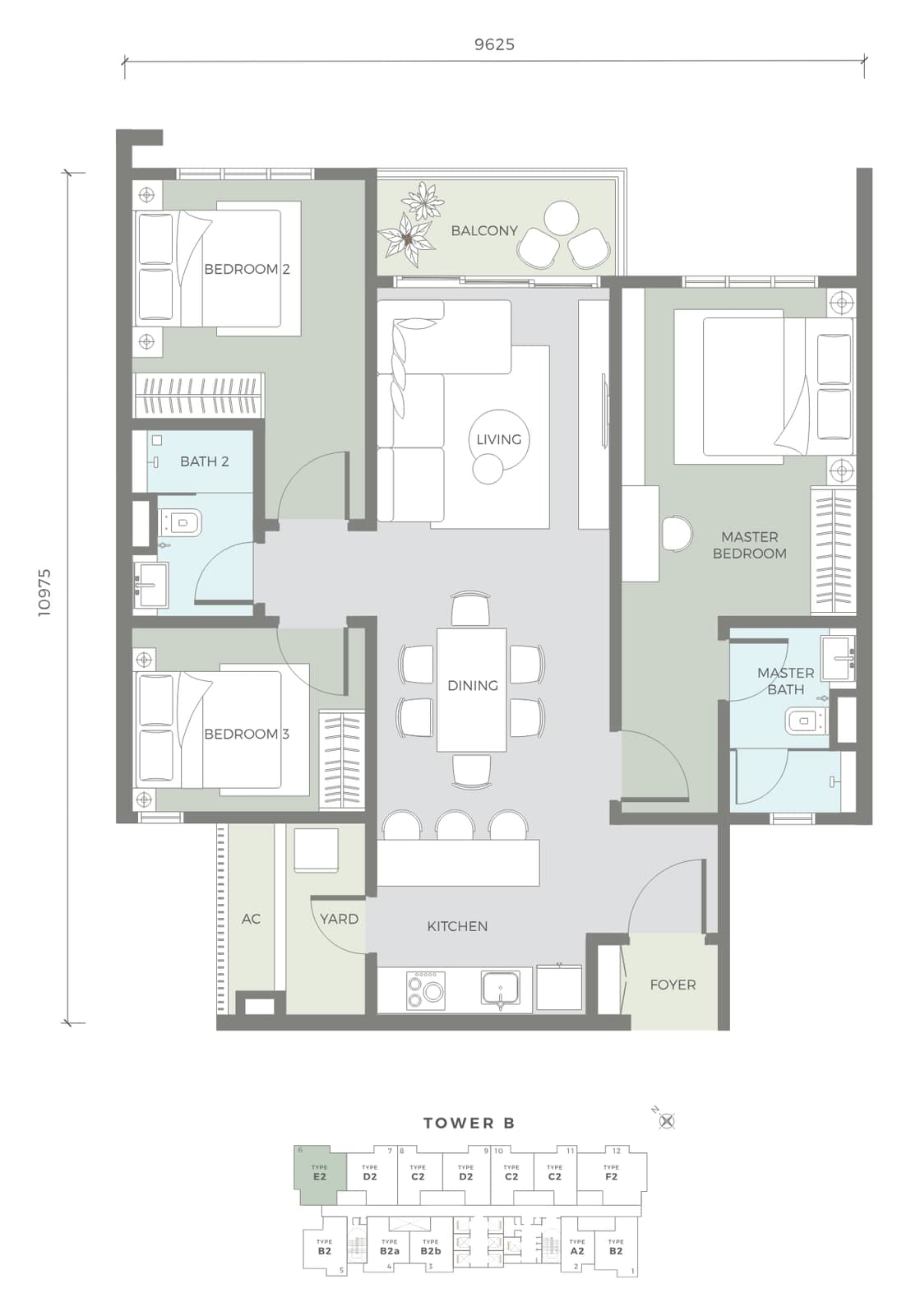 Amaya Residences Tower B Type E2 floor plan — 1,002 sq ft, 3 bedrooms, 2 bathrooms