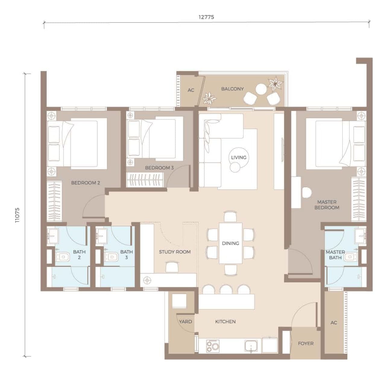 Amaya Residences Tower A Type F1 floor plan — 1,230 sq ft, 3 bedrooms, 3 bathrooms + study
