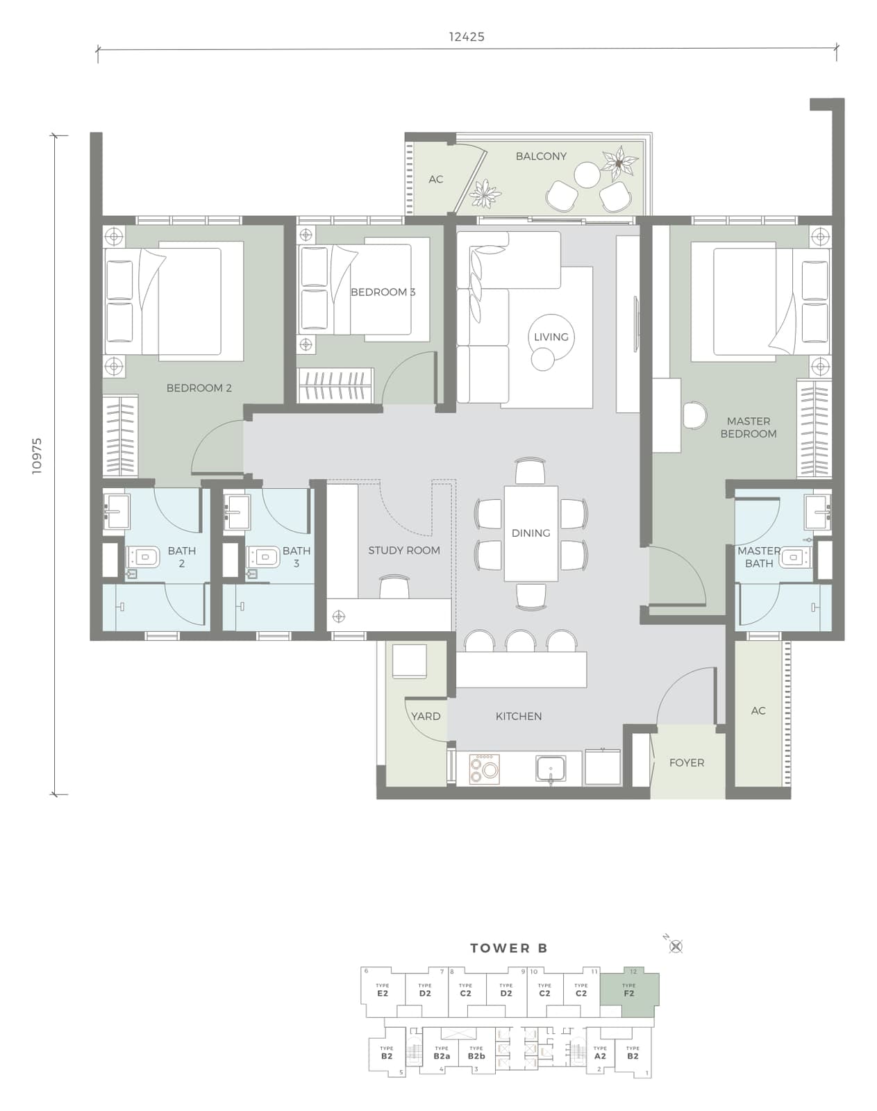 Amaya Residences Tower B Type F2 floor plan — 1,181 sq ft, 3 bedrooms, 3 bathrooms + study