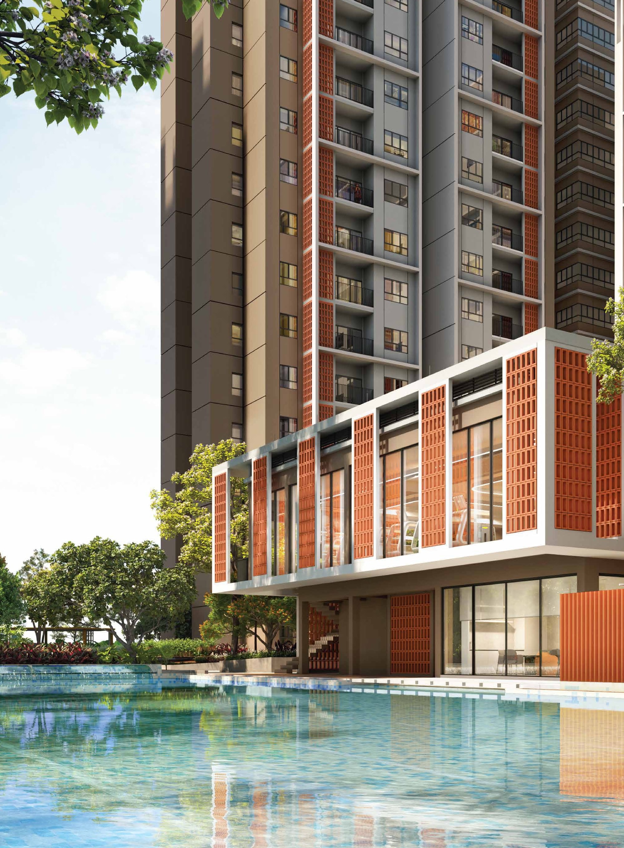 Ara Bloc Residences — the swimming pool below the facade and the facility deck, artist's impression